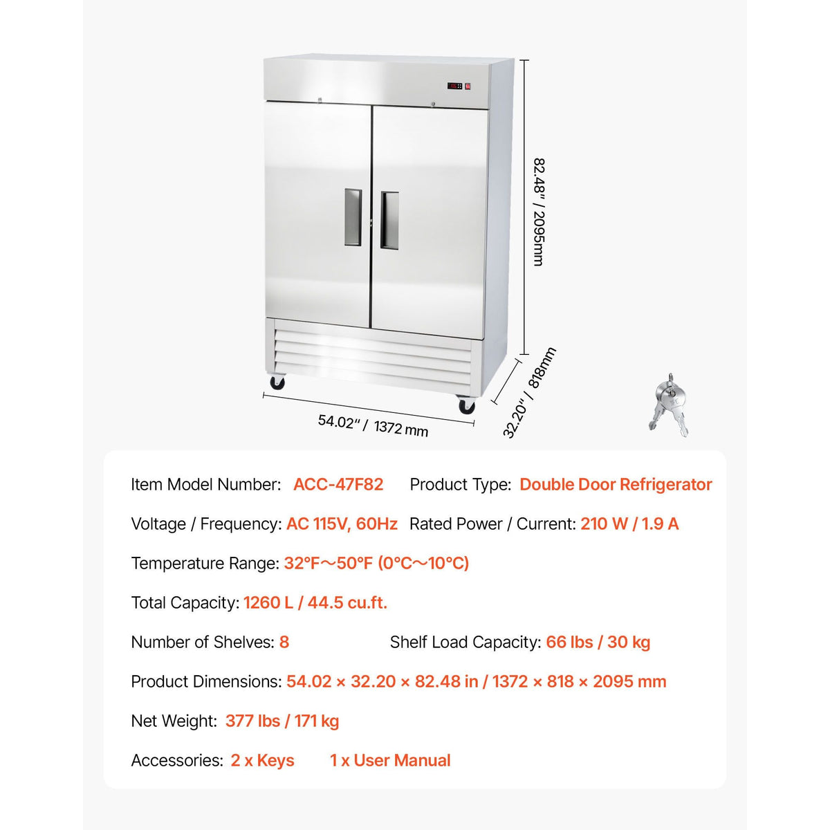 Commercial Refrigerator, 32.2 in Width Reach In Upright Refrigeration Double Door, 43.2 Cu.ft Auto-Defrost Refrigerator with 8 Adjustable Shelves, 32 to 50 Fahrenheit Temp Range, 4 Wheels