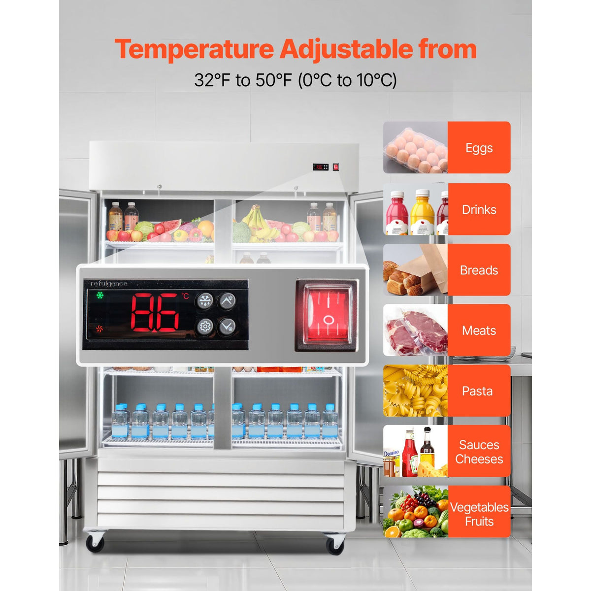 Commercial Refrigerator, 32.2 in Width Reach In Upright Refrigeration Double Door, 43.2 Cu.ft Auto-Defrost Refrigerator with 8 Adjustable Shelves, 32 to 50 Fahrenheit Temp Range, 4 Wheels