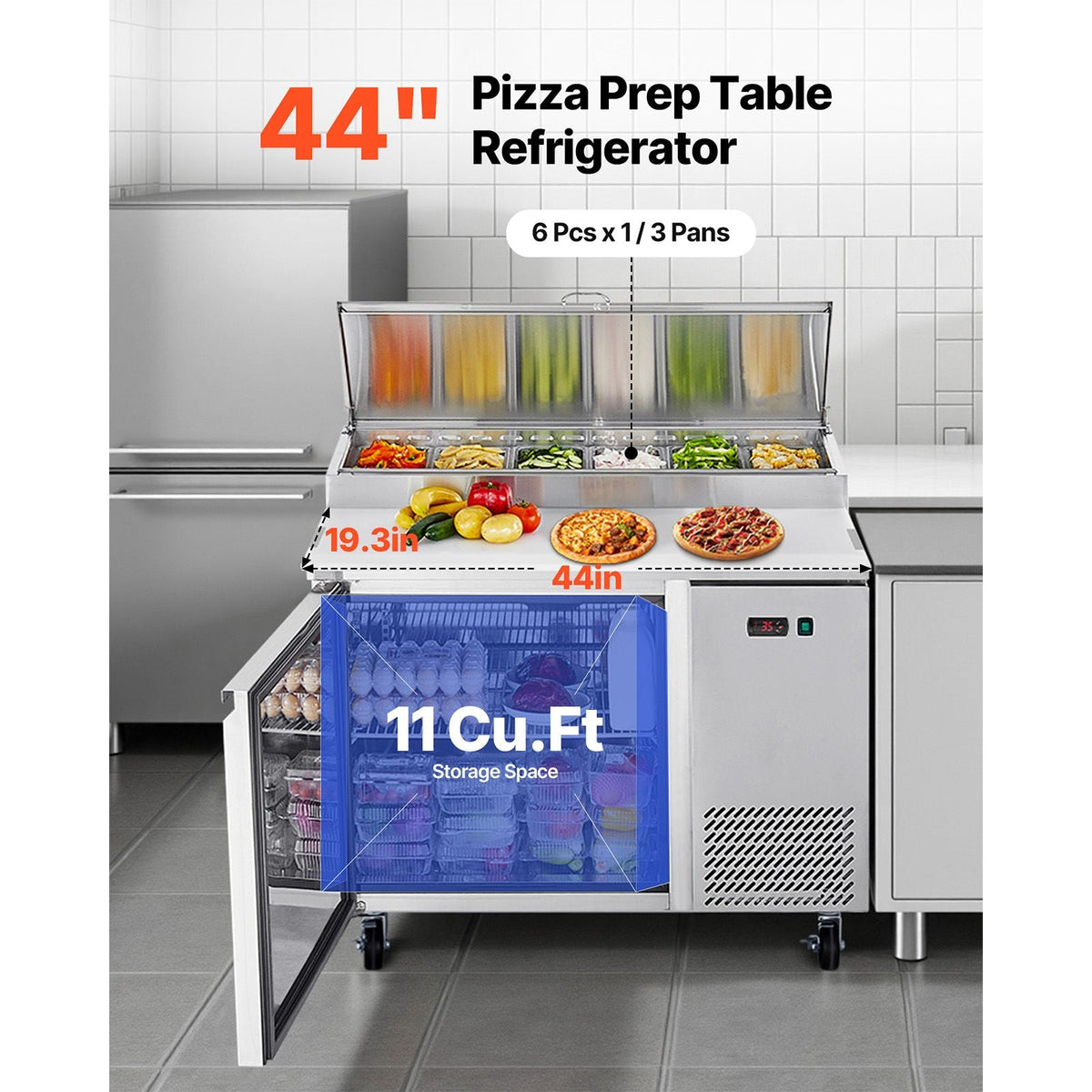 Commercial Refrigerator, 44" W Pizza Prep Refrigerated Table, 20" Ultra Wide Countertop Food Prep Worktable, 11 Cu.Ft Single Door Salad Prep Fridge, 6 Pans Pizza Make Worktop with Cutting Board