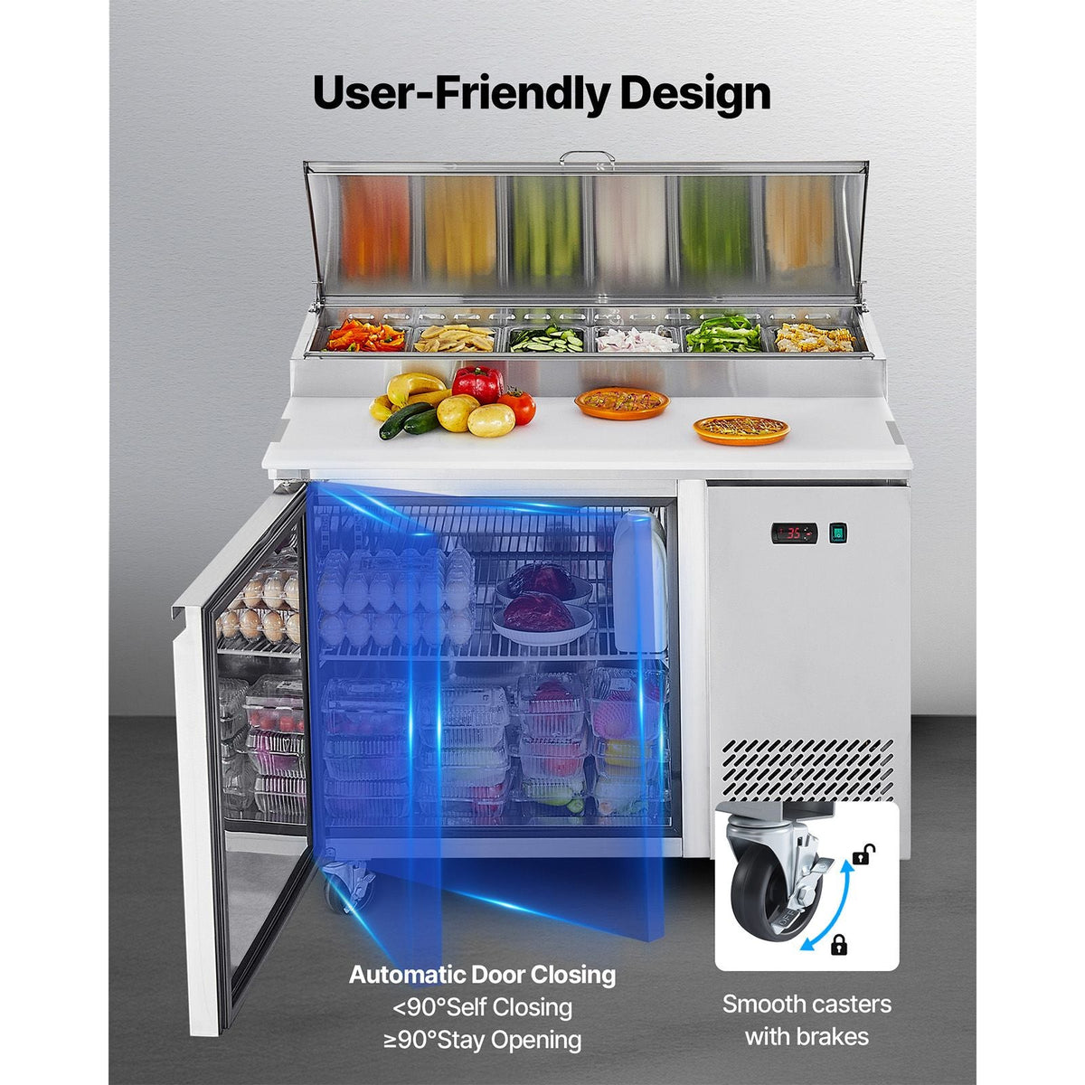 Commercial Refrigerator, 44" W Pizza Prep Refrigerated Table, 20" Ultra Wide Countertop Food Prep Worktable, 11 Cu.Ft Single Door Salad Prep Fridge, 6 Pans Pizza Make Worktop with Cutting Board