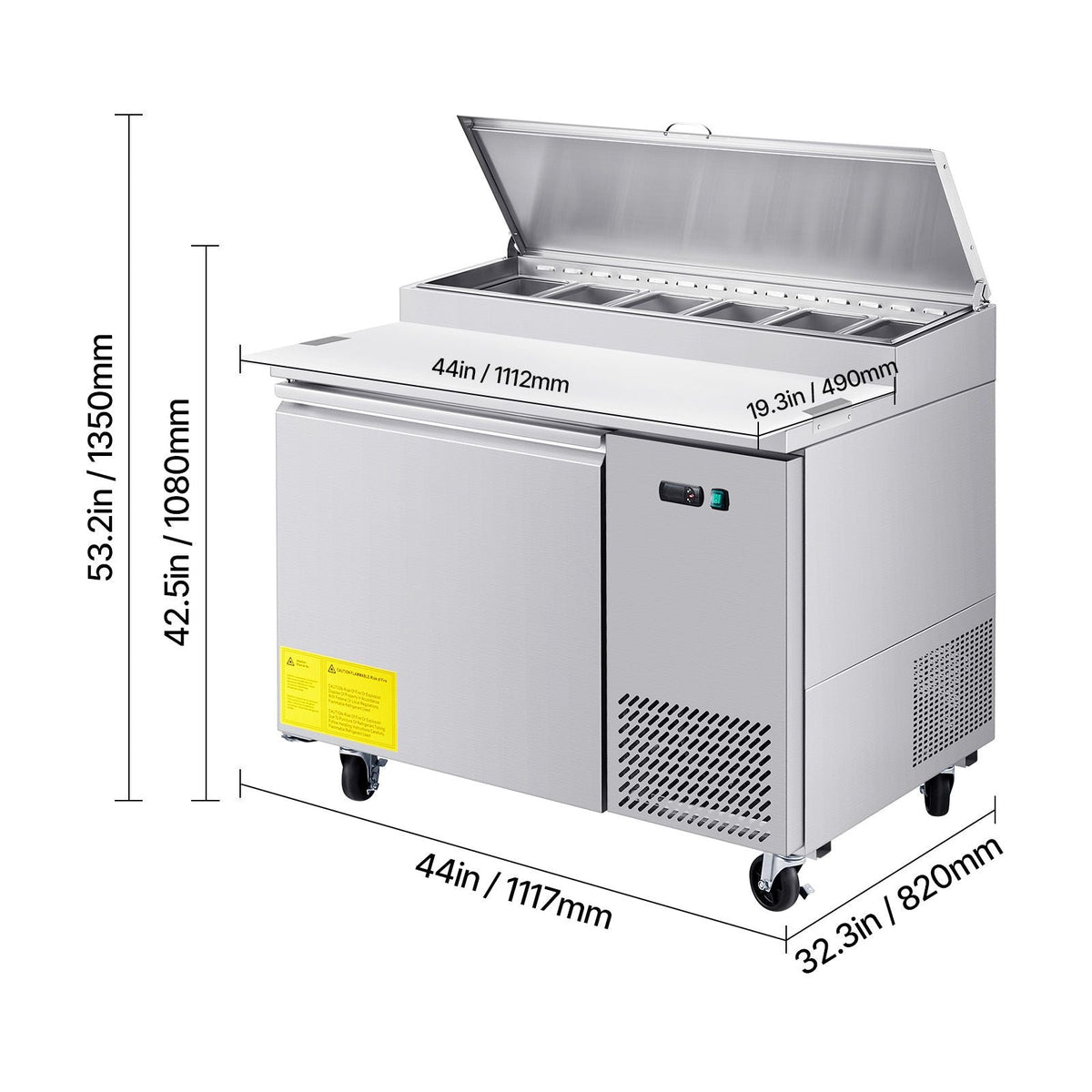 Commercial Refrigerator, 44" W Pizza Prep Refrigerated Table, 20" Ultra Wide Countertop Food Prep Worktable, 11 Cu.Ft Single Door Salad Prep Fridge, 6 Pans Pizza Make Worktop with Cutting Board