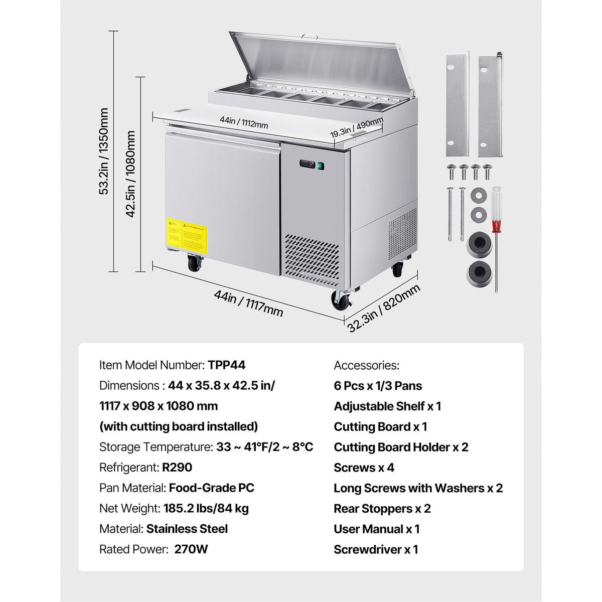 Commercial Refrigerator, 44" W Pizza Prep Refrigerated Table, 20" Ultra Wide Countertop Food Prep Worktable, 11 Cu.Ft Single Door Salad Prep Fridge, 6 Pans Pizza Make Worktop with Cutting Board