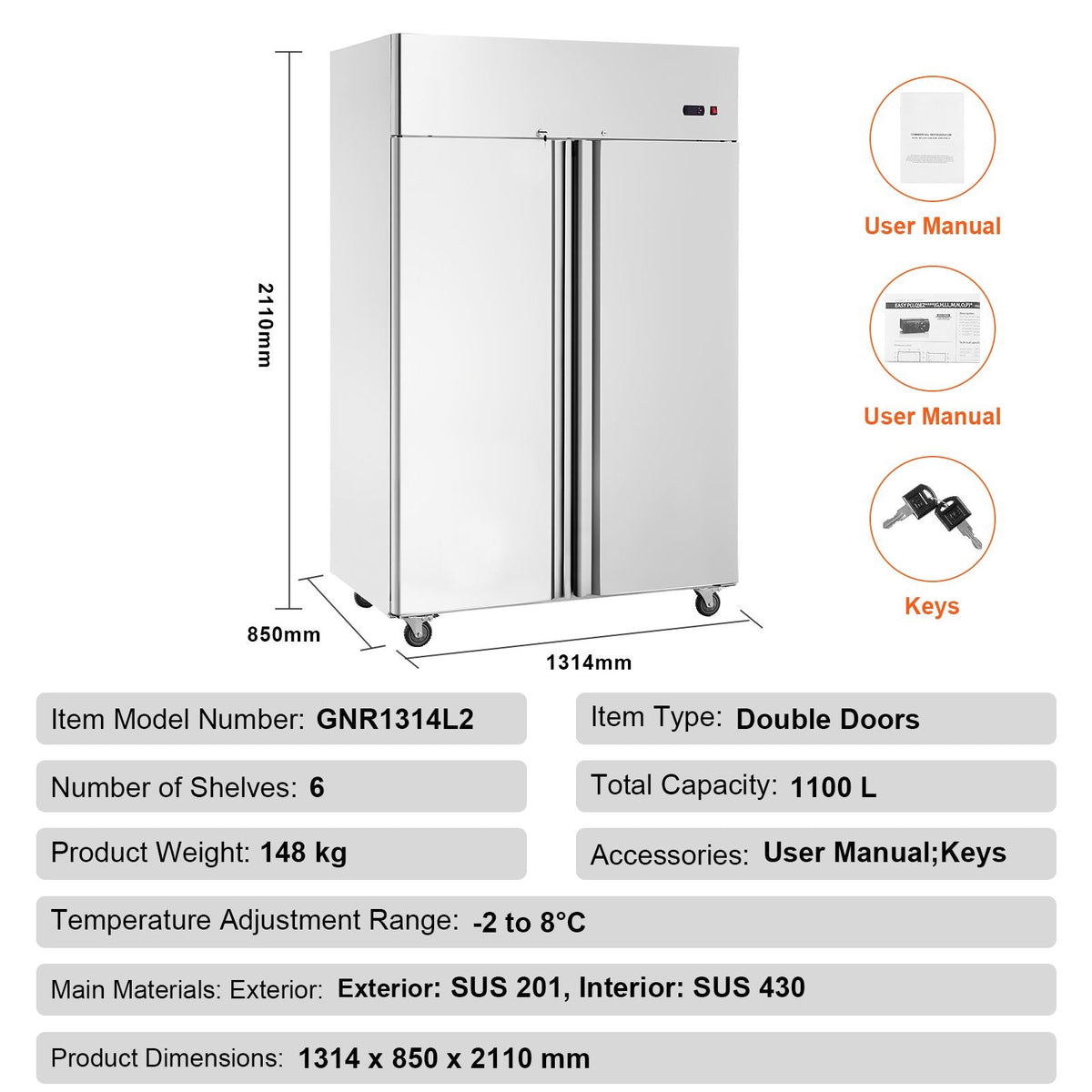 Commercial Refrigerator 44.21 Cu.ft, Reach In 54.4" W Upright Refrigerator 2 Doors, Auto-Defrost Stainless Steel Reach-in Refrigerator with 8 Shelves, 33 to 41 F Temp, LED Light, 4 Wheels