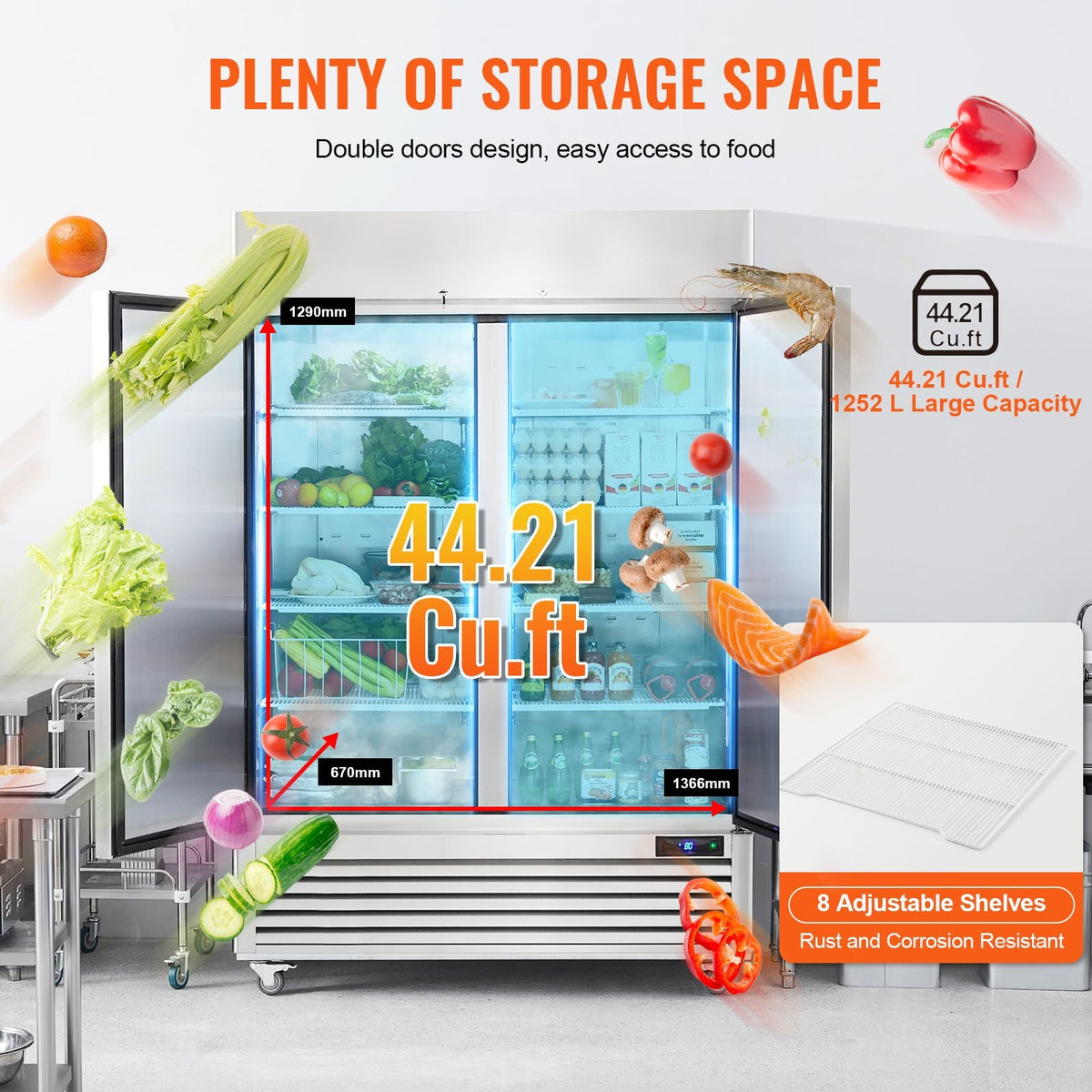Commercial Refrigerator 44.21 Cu.ft, Reach In 54.4" W Upright Refrigerator 2 Doors, Auto-Defrost Stainless Steel Reach-in Refrigerator with 8 Shelves, 33 to 41 F Temp, LED Light, 4 Wheels