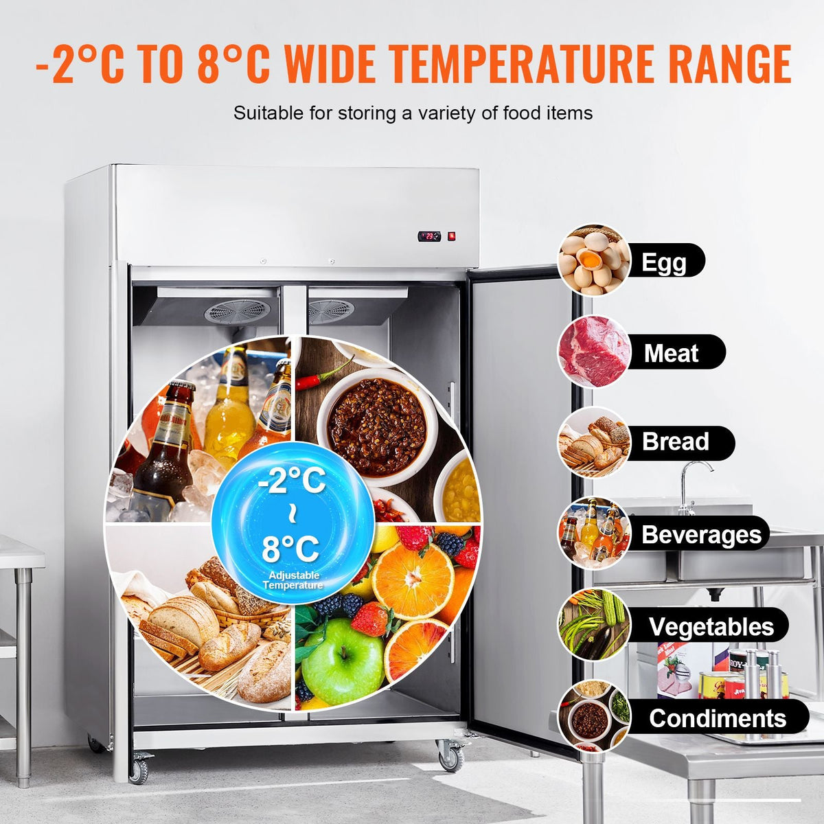 Commercial Refrigerator 44.21 Cu.ft, Reach In 54.4" W Upright Refrigerator 2 Doors, Auto-Defrost Stainless Steel Reach-in Refrigerator with 8 Shelves, 33 to 41 F Temp, LED Light, 4 Wheels