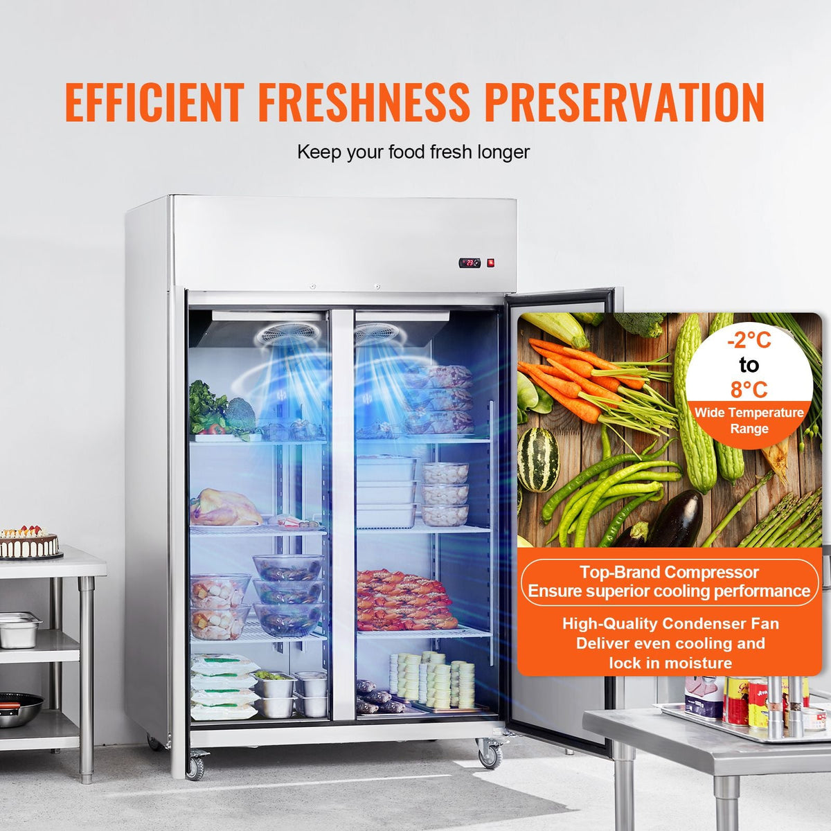 Commercial Refrigerator 44.21 Cu.ft, Reach In 54.4" W Upright Refrigerator 2 Doors, Auto-Defrost Stainless Steel Reach-in Refrigerator with 8 Shelves, 33 to 41 F Temp, LED Light, 4 Wheels