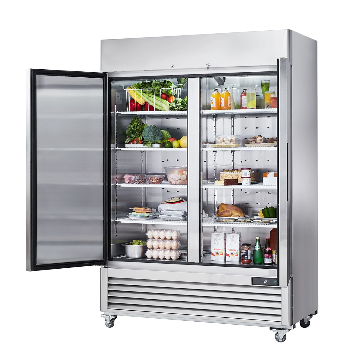 Commercial Refrigerator 44.21 Cu.ft, Reach In 54.4" W Upright Refrigerator 2 Doors, Auto-Defrost Stainless Steel Reach-in Refrigerator with 8 Shelves, 33 to 41 F Temp, LED Light, 4 Wheels