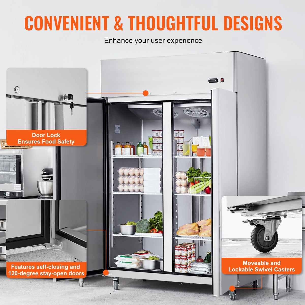 Commercial Refrigerator 44.21 Cu.ft, Reach In 54.4" W Upright Refrigerator 2 Doors, Auto-Defrost Stainless Steel Reach-in Refrigerator with 8 Shelves, 33 to 41 F Temp, LED Light, 4 Wheels
