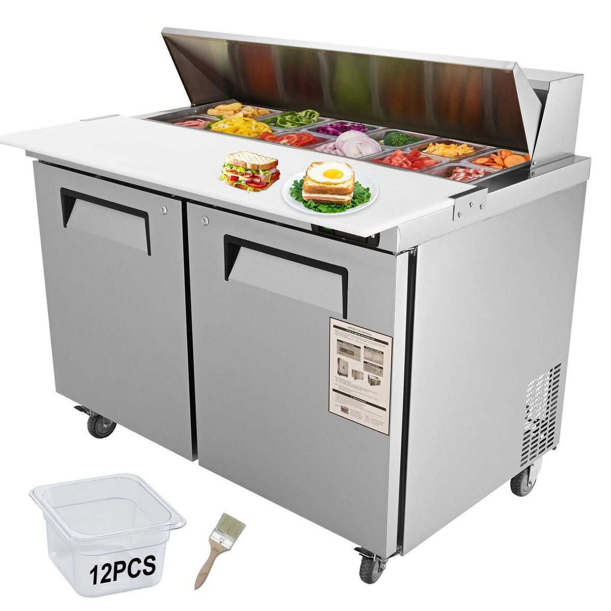 Commercial Refrigerator, 48" Sandwich & Salad Prep Table, 12.85 Cu. Ft Thick Stainless Steel Refrigerated Food Prep Station with 12 Pans Cutting Board, 2 Door Fridge for Restaurant, Bar, Shop