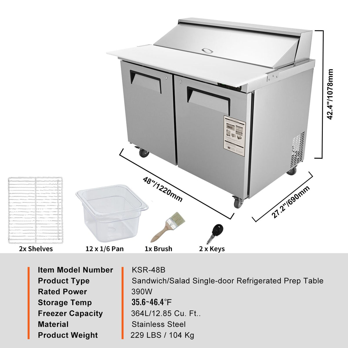 Commercial Refrigerator, 48" Sandwich & Salad Prep Table, 12.85 Cu. Ft Thick Stainless Steel Refrigerated Food Prep Station with 12 Pans Cutting Board, 2 Door Fridge for Restaurant, Bar, Shop