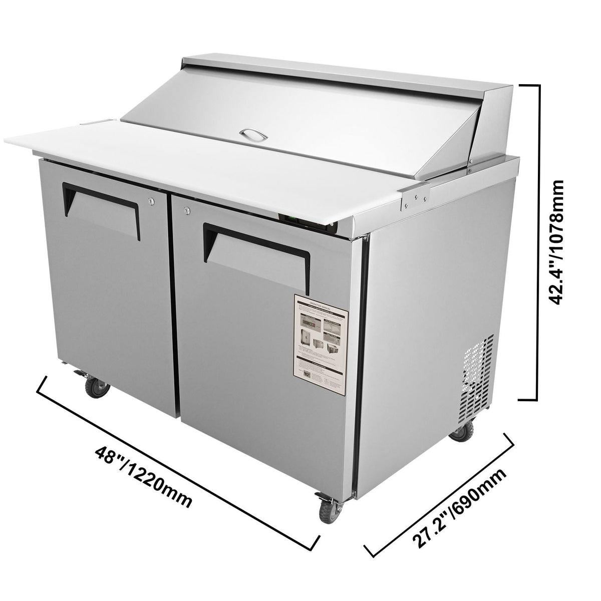 Commercial Refrigerator, 48" Sandwich & Salad Prep Table, 12.85 Cu. Ft Thick Stainless Steel Refrigerated Food Prep Station with 12 Pans Cutting Board, 2 Door Fridge for Restaurant, Bar, Shop