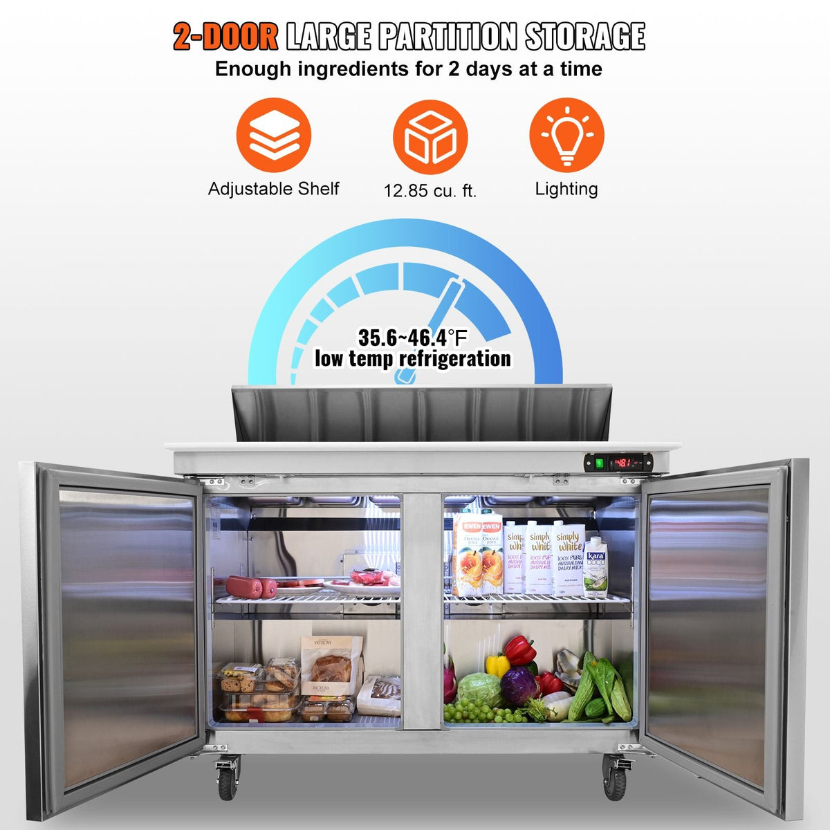 Commercial Refrigerator, 48" Sandwich & Salad Prep Table, 12.85 Cu. Ft Thick Stainless Steel Refrigerated Food Prep Station with 12 Pans Cutting Board, 2 Door Fridge for Restaurant, Bar, Shop