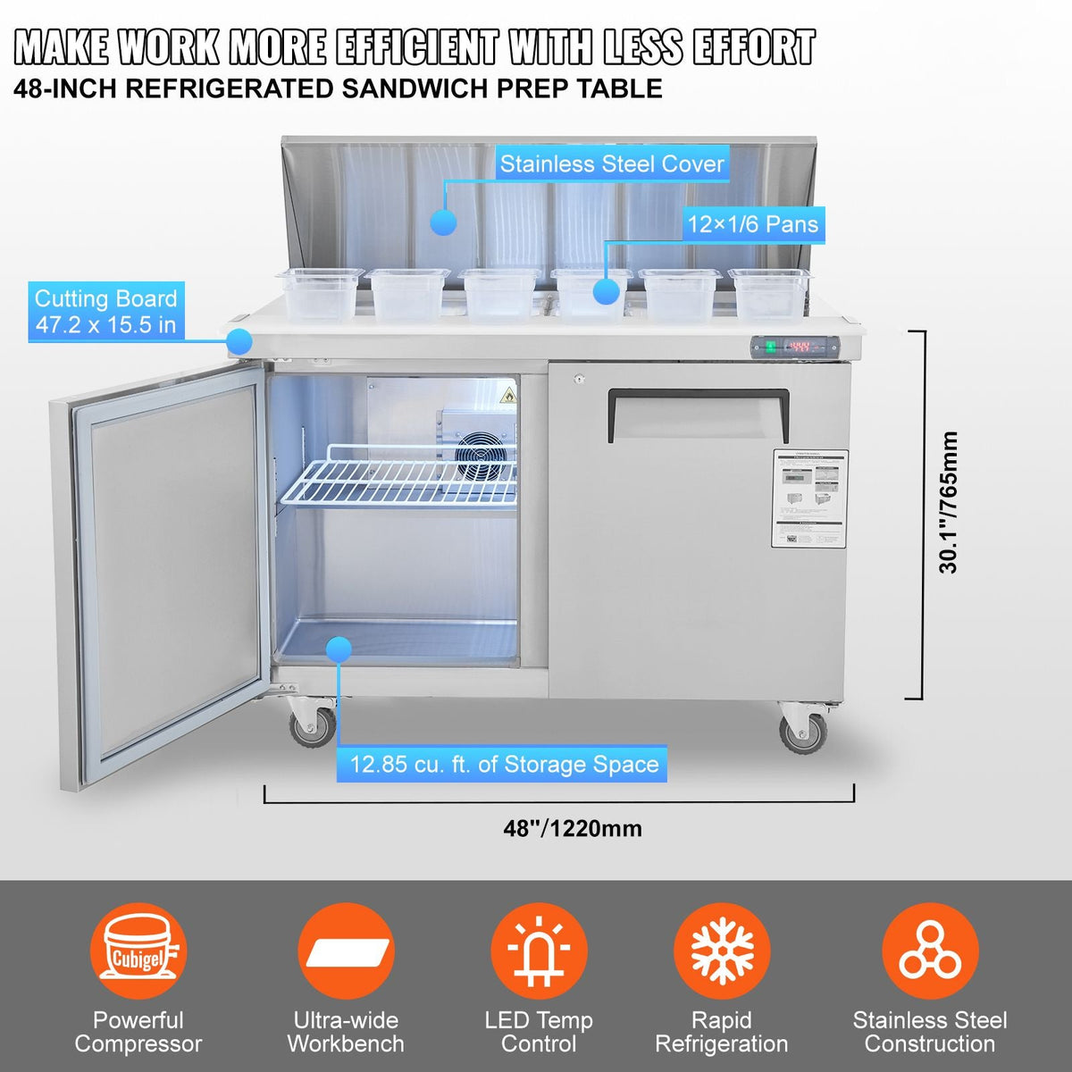 Commercial Refrigerator, 48" Sandwich & Salad Prep Table, 12.85 Cu. Ft Thick Stainless Steel Refrigerated Food Prep Station with 12 Pans Cutting Board, 2 Door Fridge for Restaurant, Bar, Shop
