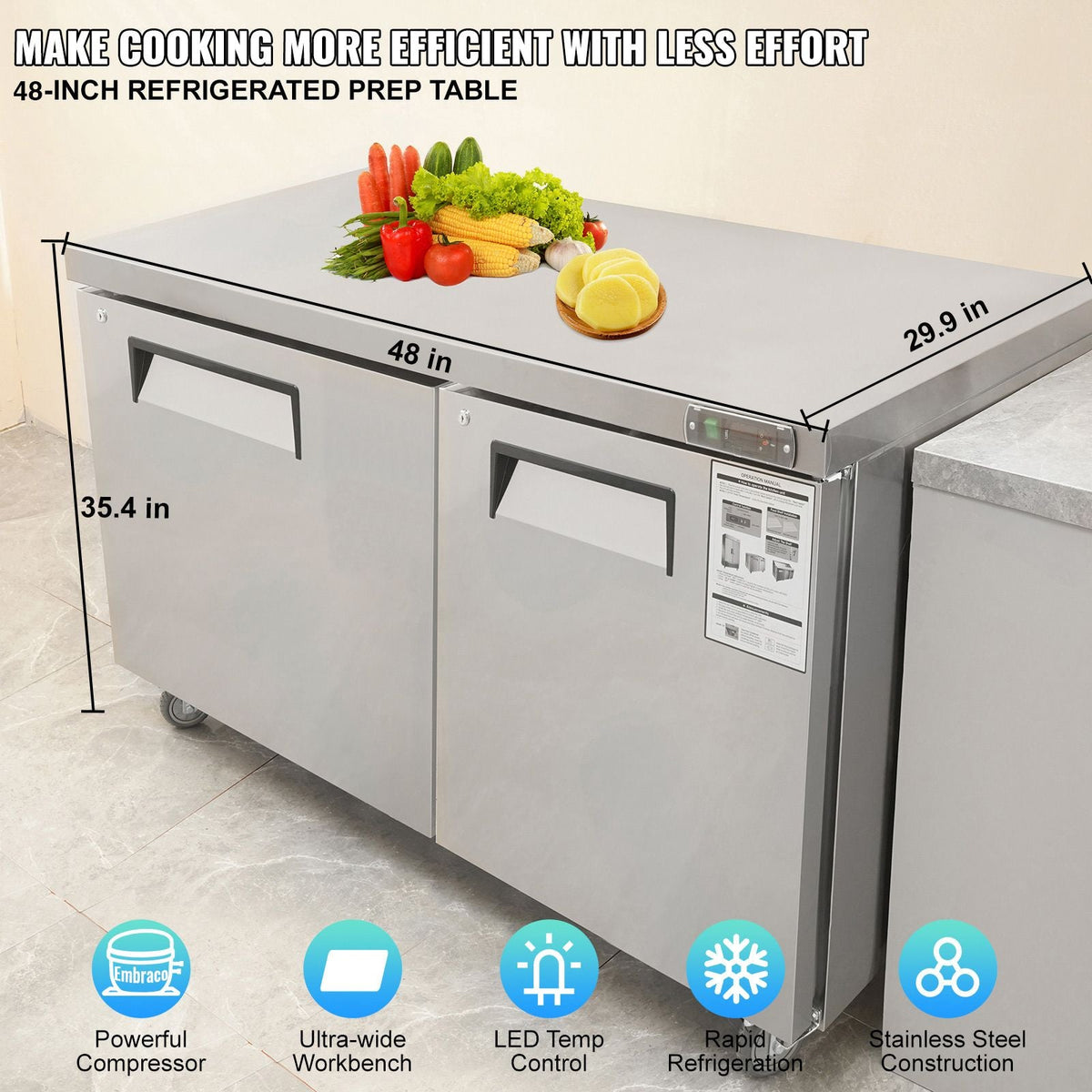 Commercial Refrigerator, 48" Worktop Undercounter Refrigerator, 12.85 Cu. Ft Thick Stainless Steel Refrigerated Food Prep Station, 2 Door Worktop Fridge with lock for Restaurant, Bar, Diner