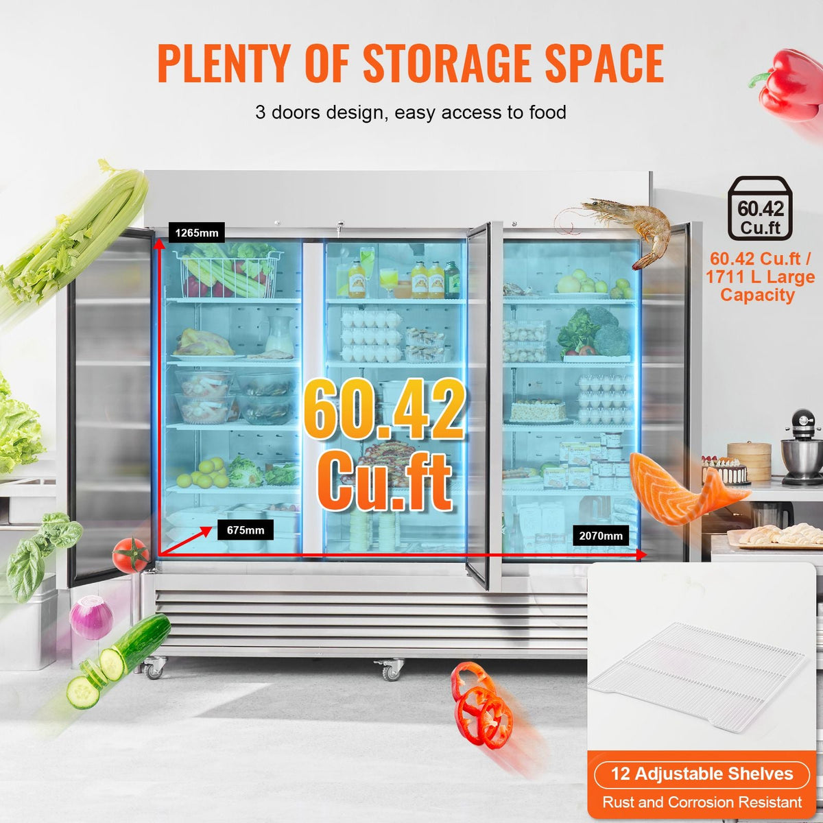 Commercial Refrigerator 60.42 Cu.ft, Reach In 82.5" W Upright Refrigerator 3 Doors, Auto-Defrost Stainless Steel Reach-in Refrigerator & 12 Shelves, 33 to 41 F Temp Control, LED Light, 4 Wheels
