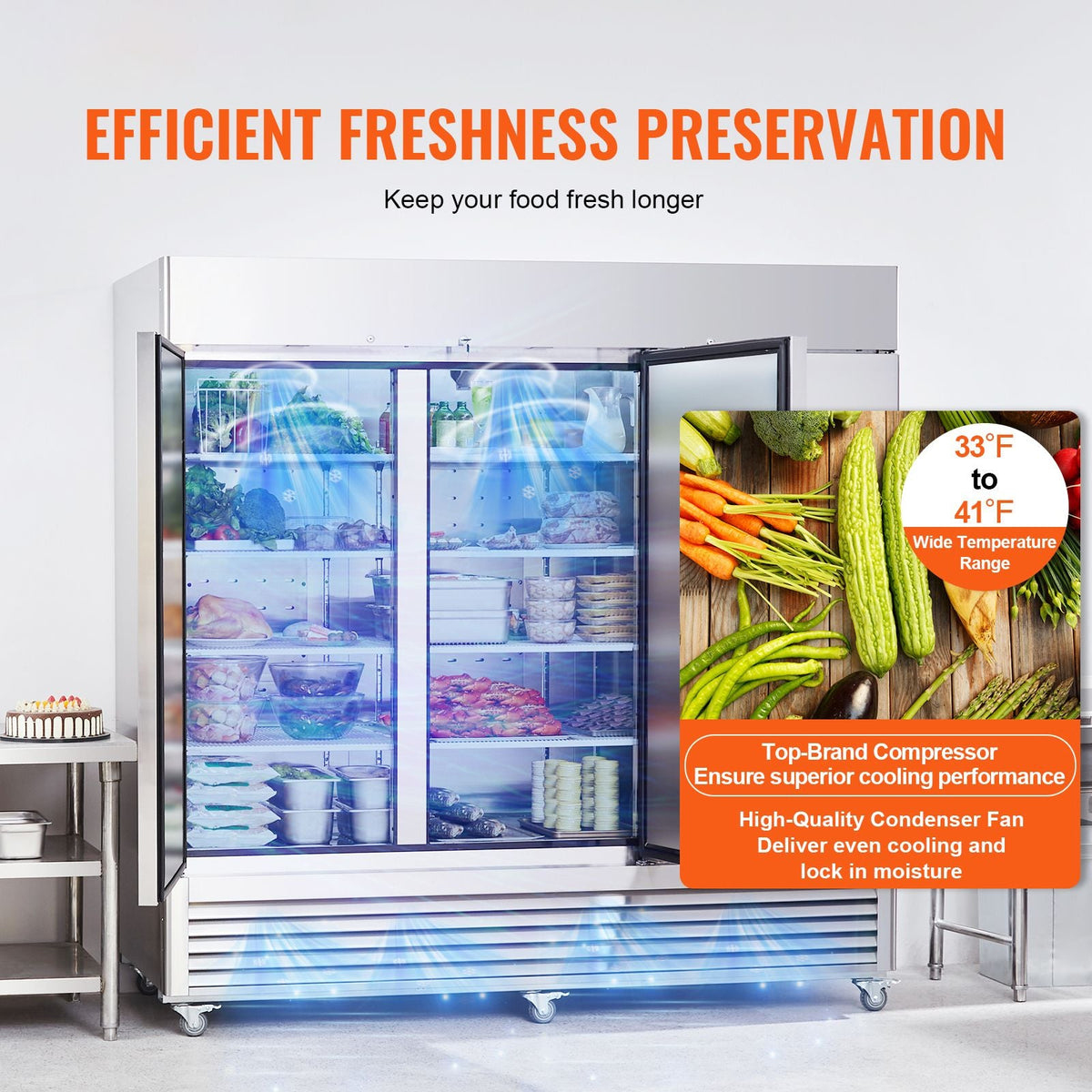 Commercial Refrigerator 60.42 Cu.ft, Reach In 82.5" W Upright Refrigerator 3 Doors, Auto-Defrost Stainless Steel Reach-in Refrigerator & 12 Shelves, 33 to 41 F Temp Control, LED Light, 4 Wheels