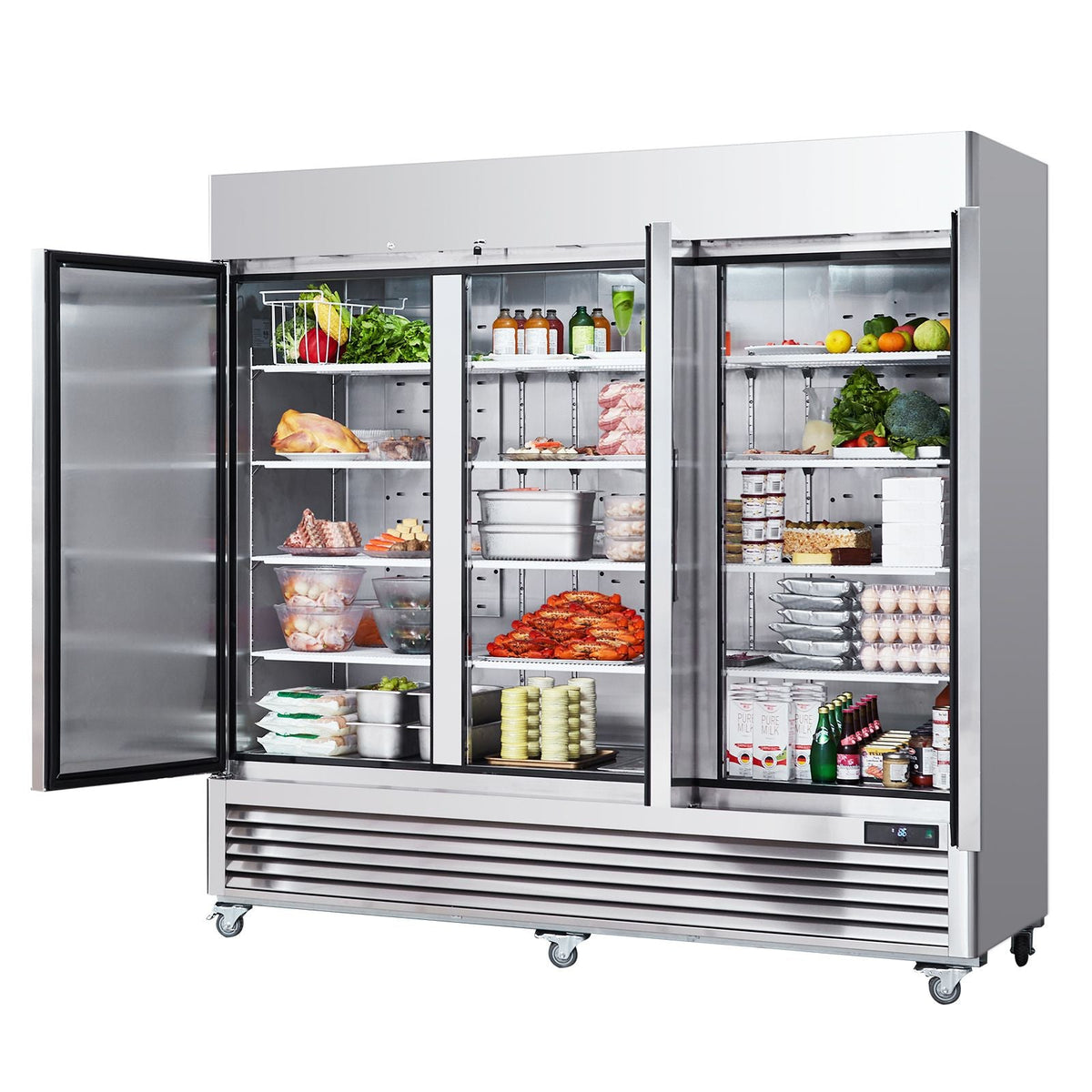Commercial Refrigerator 60.42 Cu.ft, Reach In 82.5" W Upright Refrigerator 3 Doors, Auto-Defrost Stainless Steel Reach-in Refrigerator & 12 Shelves, 33 to 41 F Temp Control, LED Light, 4 Wheels