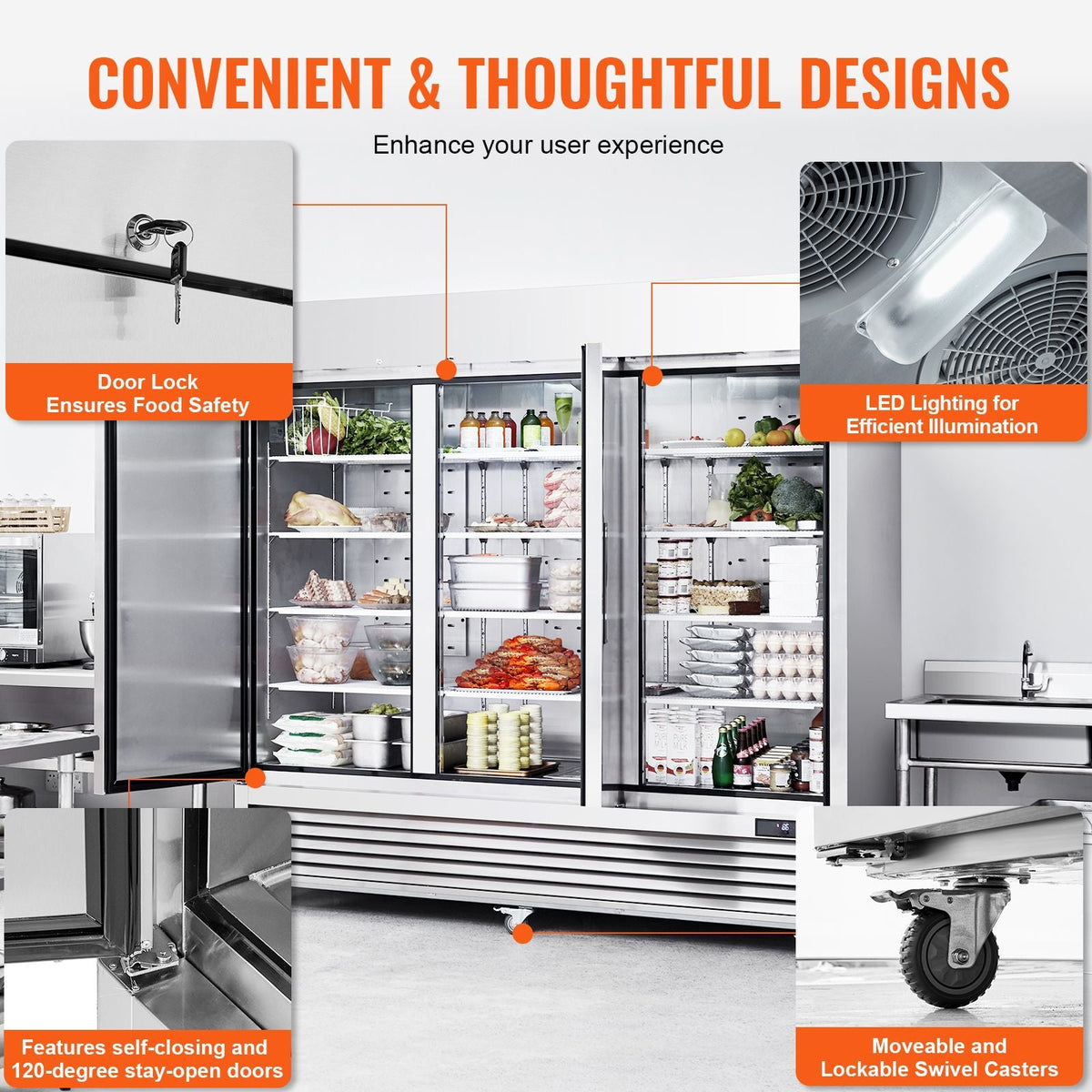 Commercial Refrigerator 60.42 Cu.ft, Reach In 82.5" W Upright Refrigerator 3 Doors, Auto-Defrost Stainless Steel Reach-in Refrigerator & 12 Shelves, 33 to 41 F Temp Control, LED Light, 4 Wheels