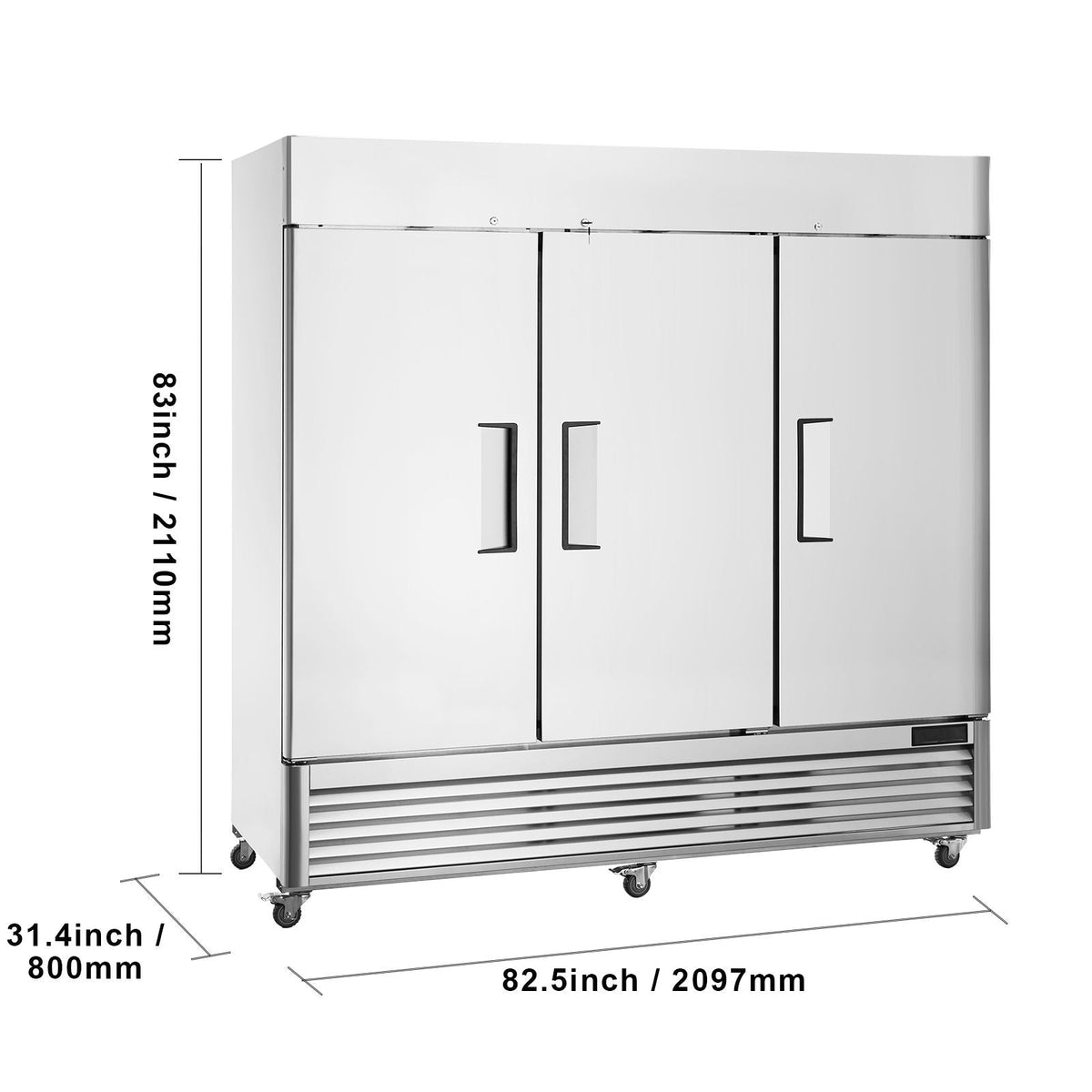 Commercial Refrigerator 60.42 Cu.ft, Reach In 82.5" W Upright Refrigerator 3 Doors, Auto-Defrost Stainless Steel Reach-in Refrigerator & 12 Shelves, 33 to 41 F Temp Control, LED Light, 4 Wheels