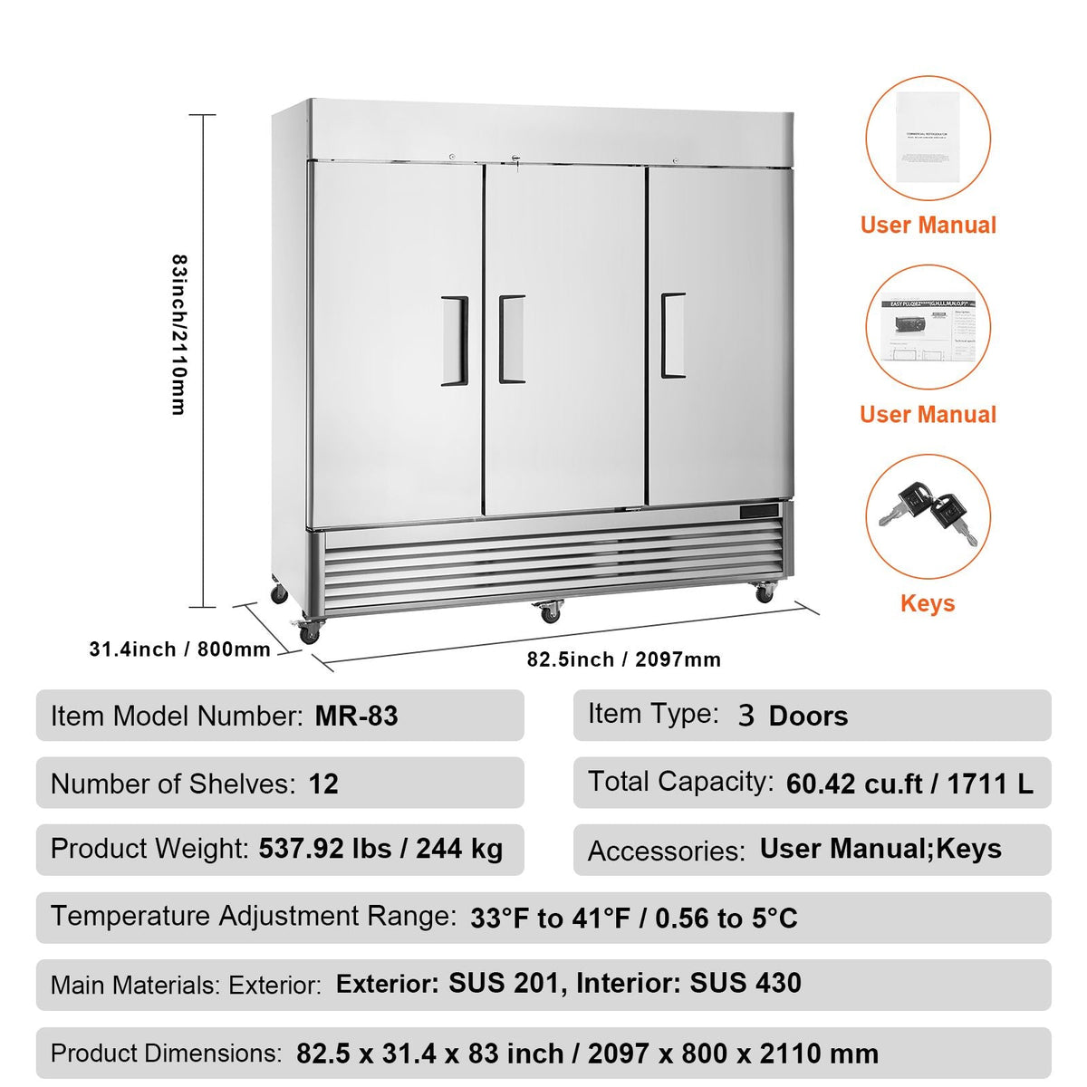 Commercial Refrigerator 60.42 Cu.ft, Reach In 82.5" W Upright Refrigerator 3 Doors, Auto-Defrost Stainless Steel Reach-in Refrigerator & 12 Shelves, 33 to 41 F Temp Control, LED Light, 4 Wheels