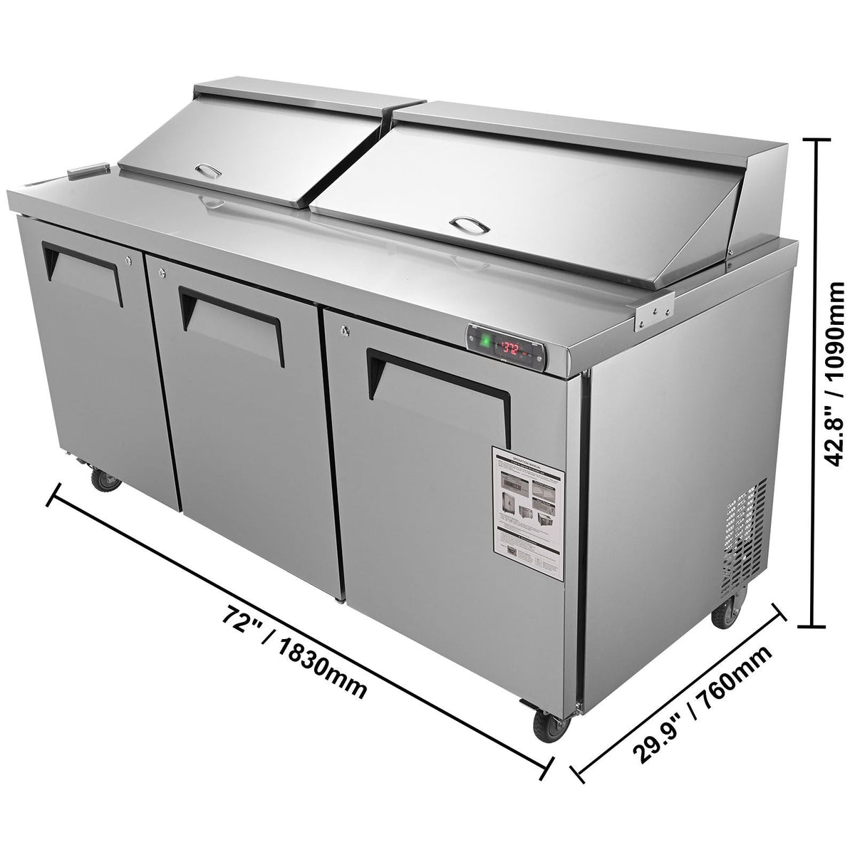 Commercial Refrigerator, 72" Sandwich & Salad Prep Table, 17.73 Cu. Ft Stainless Steel Refrigerated Food Prep Station with 18 Pans, Cut Board, 3 Door Worktop Fridge with lock for Restaurant