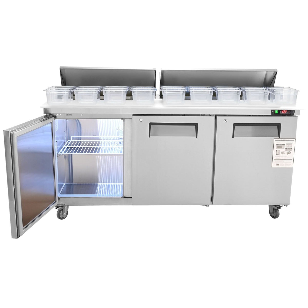 Commercial Refrigerator, 72" Sandwich & Salad Prep Table, 17.73 Cu. Ft Stainless Steel Refrigerated Food Prep Station with 18 Pans, Cut Board, 3 Door Worktop Fridge with lock for Restaurant