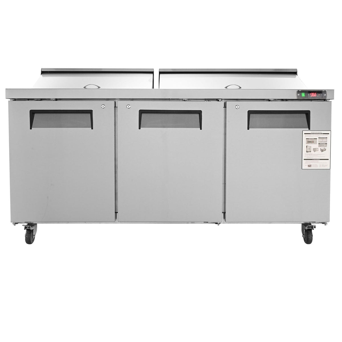 Commercial Refrigerator, 72" Sandwich & Salad Prep Table, 17.73 Cu. Ft Stainless Steel Refrigerated Food Prep Station with 18 Pans, Cut Board, 3 Door Worktop Fridge with lock for Restaurant