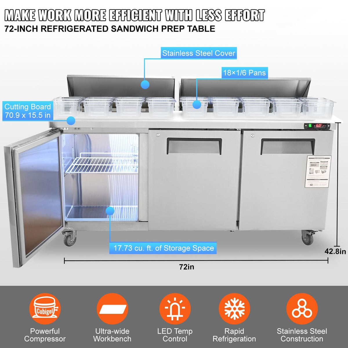 Commercial Refrigerator, 72" Sandwich & Salad Prep Table, 17.73 Cu. Ft Stainless Steel Refrigerated Food Prep Station with 18 Pans, Cut Board, 3 Door Worktop Fridge with lock for Restaurant