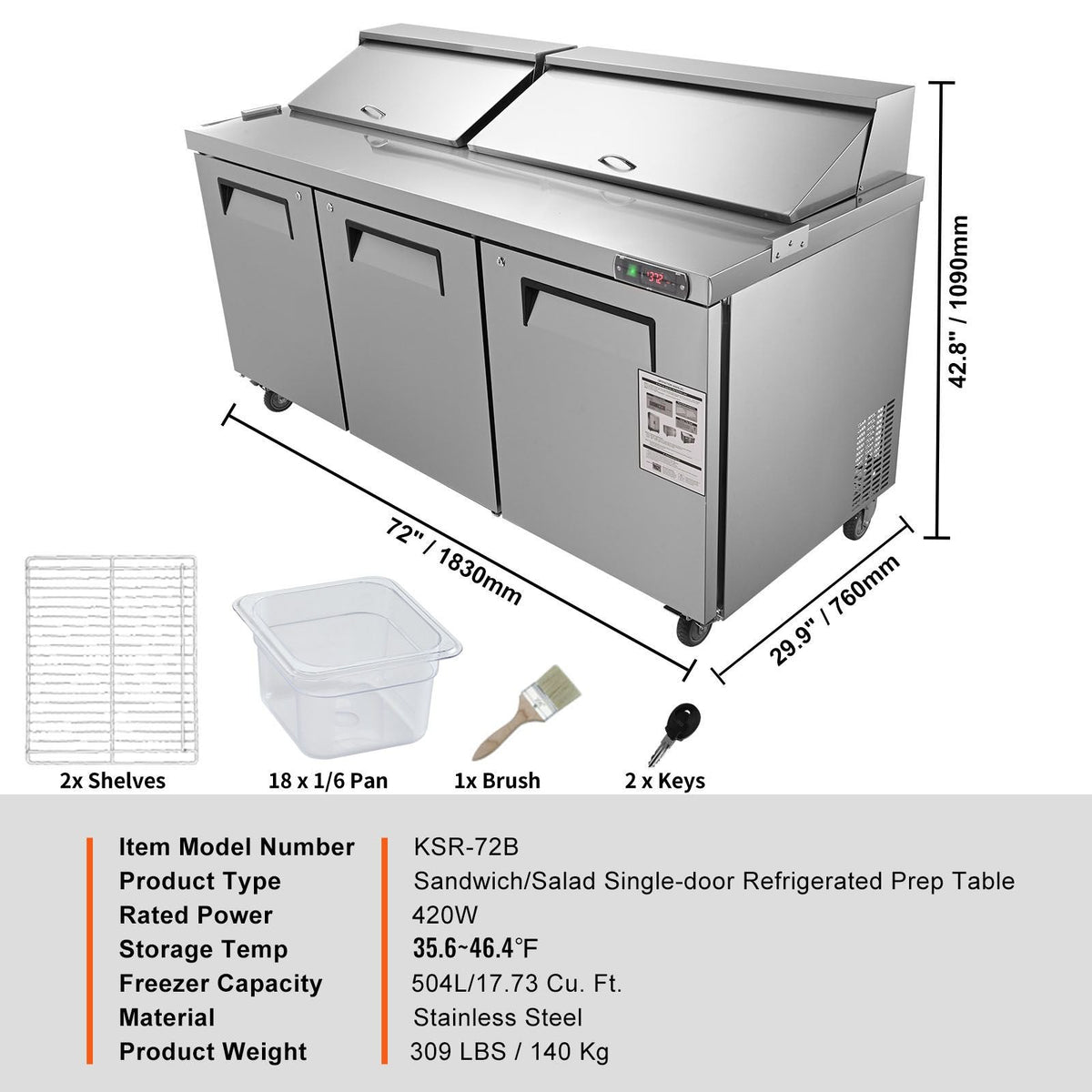 Commercial Refrigerator, 72" Sandwich & Salad Prep Table, 17.73 Cu. Ft Stainless Steel Refrigerated Food Prep Station with 18 Pans, Cut Board, 3 Door Worktop Fridge with lock for Restaurant
