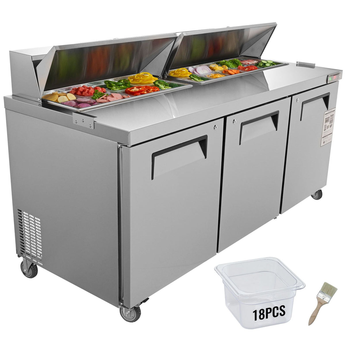 Commercial Refrigerator, 72" Sandwich & Salad Prep Table, 17.73 Cu. Ft Stainless Steel Refrigerated Food Prep Station with 18 Pans, Cut Board, 3 Door Worktop Fridge with lock for Restaurant