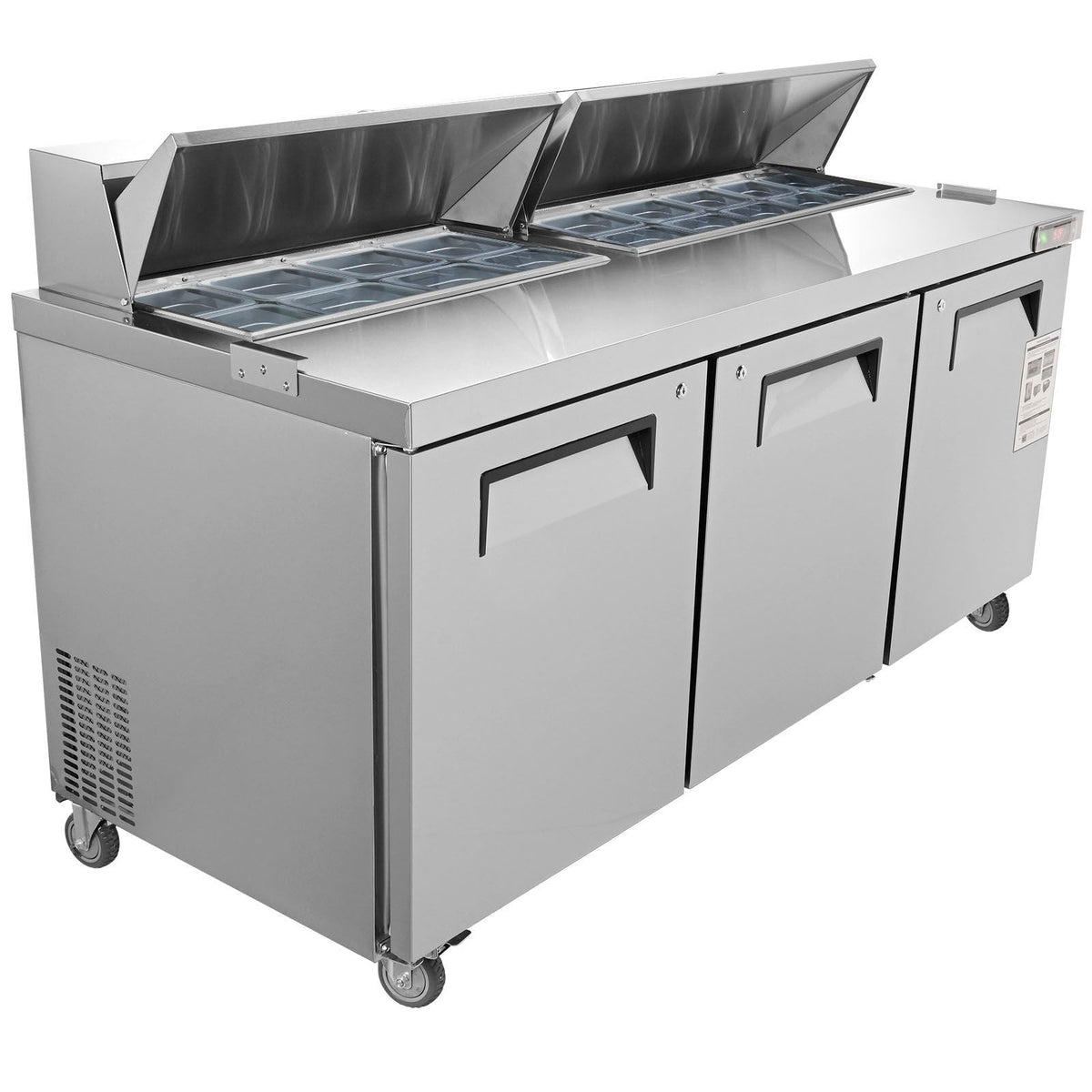 Commercial Refrigerator, 72" Sandwich & Salad Prep Table, 17.73 Cu. Ft Stainless Steel Refrigerated Food Prep Station with 18 Pans, Cut Board, 3 Door Worktop Fridge with lock for Restaurant