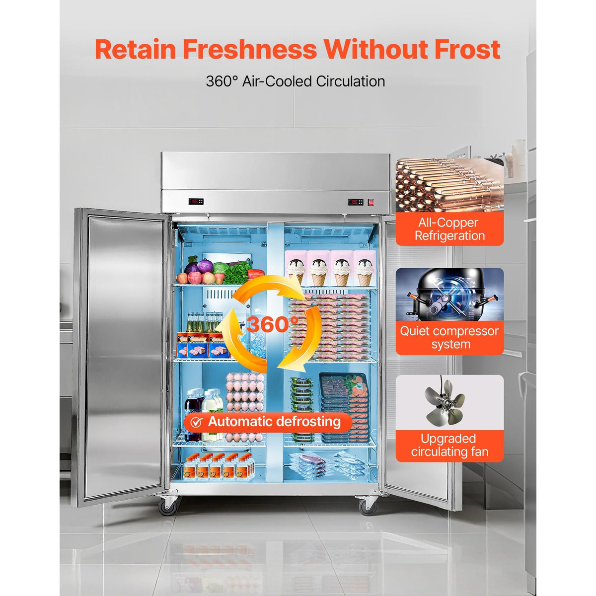 Commercial Refrigerator and Freezer Combo, 31.89 in Width Reach In Upright-Freezer Double Door, 31.1 Cu.ft Auto-Defrost Stainless Steel Freezer with 8 Adjustable Shelves, LED Light, 4 Wheels