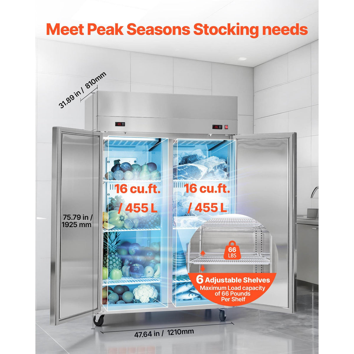 Commercial Refrigerator and Freezer Combo, 31.89 in Width Reach In Upright-Freezer Double Door, 31.1 Cu.ft Auto-Defrost Stainless Steel Freezer with 8 Adjustable Shelves, LED Light, 4 Wheels