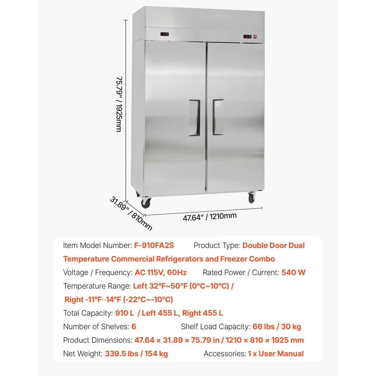 Commercial Refrigerator and Freezer Combo, 31.89 in Width Reach In Upright-Freezer Double Door, 31.1 Cu.ft Auto-Defrost Stainless Steel Freezer with 8 Adjustable Shelves, LED Light, 4 Wheels
