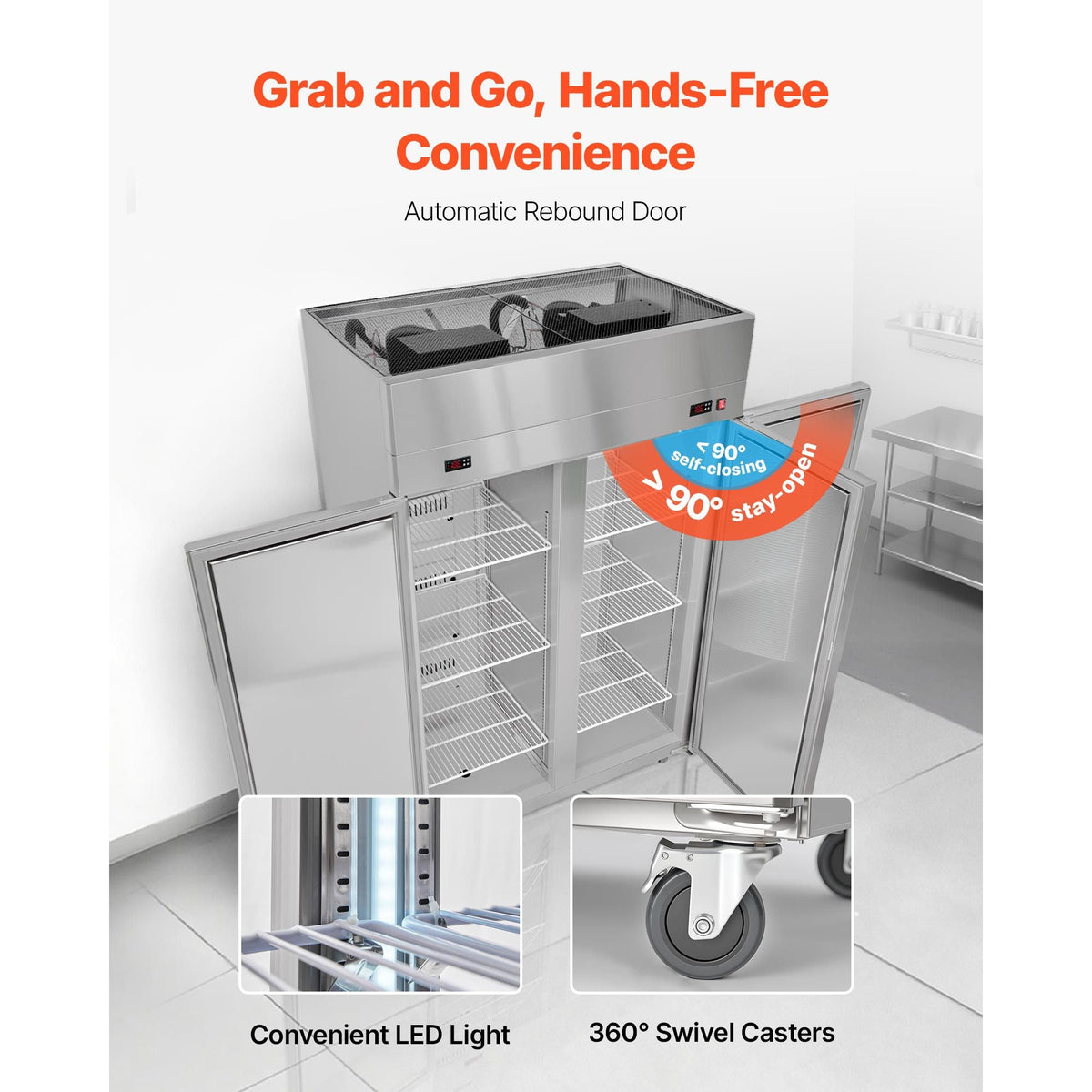 Commercial Refrigerator and Freezer Combo, 31.89 in Width Reach In Upright-Freezer Double Door, 31.1 Cu.ft Auto-Defrost Stainless Steel Freezer with 8 Adjustable Shelves, LED Light, 4 Wheels