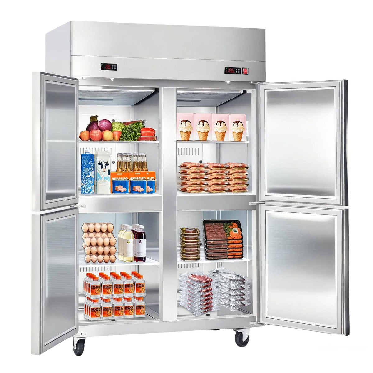 Commercial Refrigerator and Freezer Combo 48"W, 31 Cu.Ft Stainless Steel Upright Freezer/Refrigerator with 4 Doors, Auto-Defrost, 6 Adjustable Shelves, UL Certified