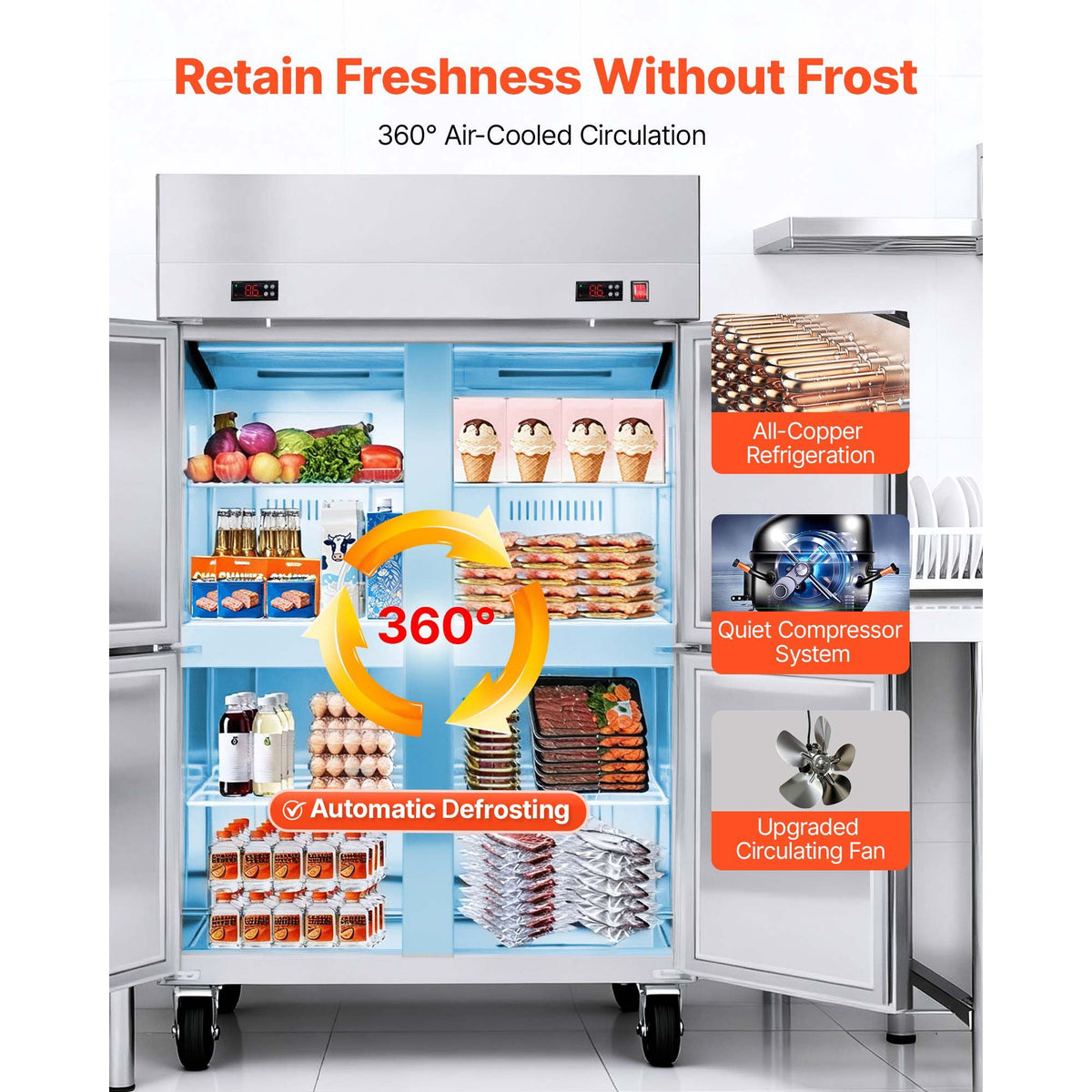 Commercial Refrigerator and Freezer Combo 48"W, 31 Cu.Ft Stainless Steel Upright Freezer/Refrigerator with 4 Doors, Auto-Defrost, 6 Adjustable Shelves, UL Certified