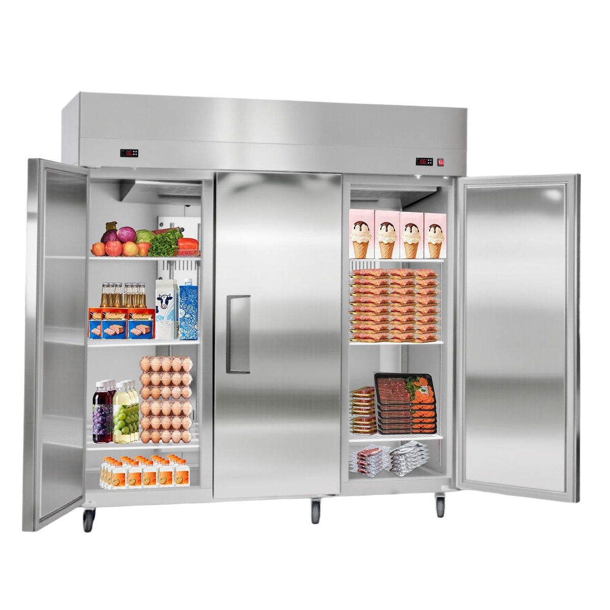 Commercial Refrigerator and Freezer Combo 72"W, 51 Cu.Ft Stainless Steel Upright Freezer/Refrigerator with Three Doors, Auto-Defrost, 9 Adjustable Shelves, UL Certified