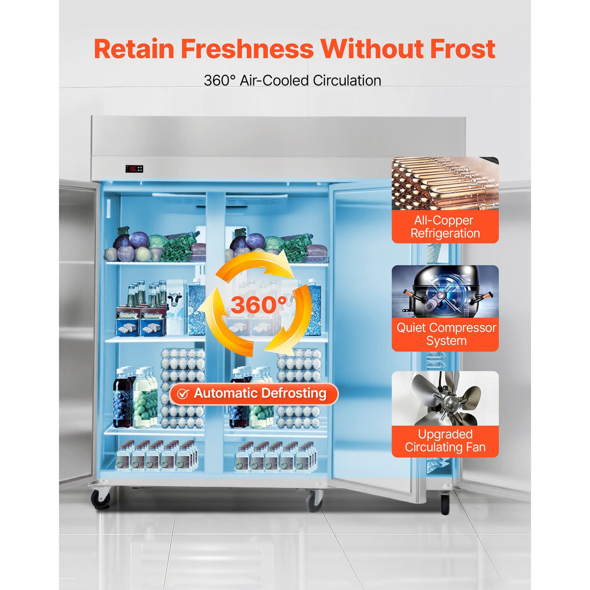 Commercial Refrigerator and Freezer Combo 72"W, 51 Cu.Ft Stainless Steel Upright Freezer/Refrigerator with Three Doors, Auto-Defrost, 9 Adjustable Shelves, UL Certified