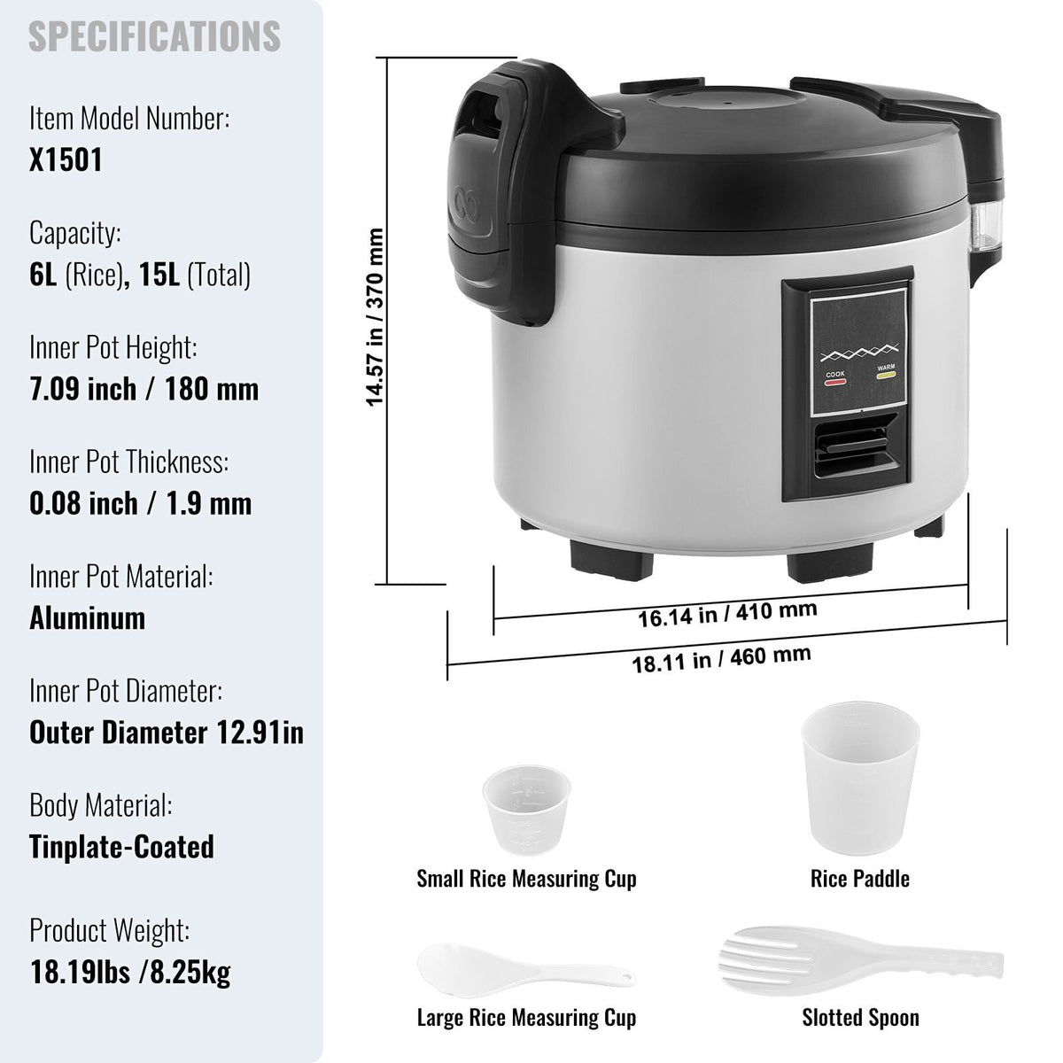 Commercial Rice Cooker, 70-Cup Rice Cooker, 15.85 Qt / 15 Liter Large Rice Cooker and Warmer with Nonstick Inner Pot, Fast Cooking and 12-Hour Keep Warm, with Rice Cup and Paddle, for Restaurant
