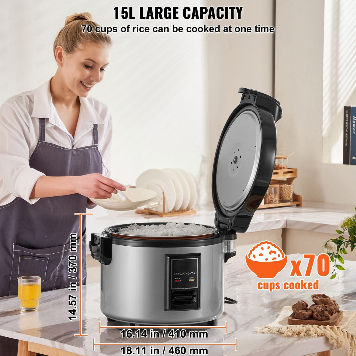 Commercial Rice Cooker, 70-Cup Rice Cooker, 15.85 Qt / 15 Liter Large Rice Cooker and Warmer with Nonstick Inner Pot, Fast Cooking and 12-Hour Keep Warm, with Rice Cup and Paddle, for Restaurant