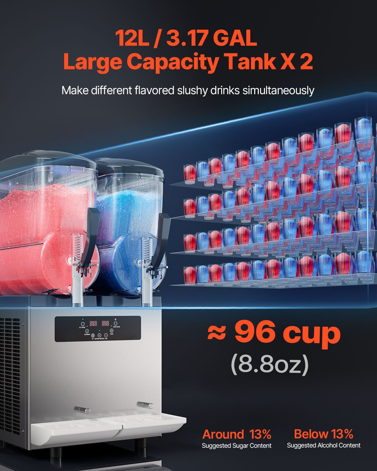 Commercial Slushy Machine, 12Lx2 Double Tank Frozen Drink Machine, 96 Cups Stainless Steel Margarita Smoothie Frozen Drink Maker, Slushie Maker for Home Party Restaurants Cafe Bars