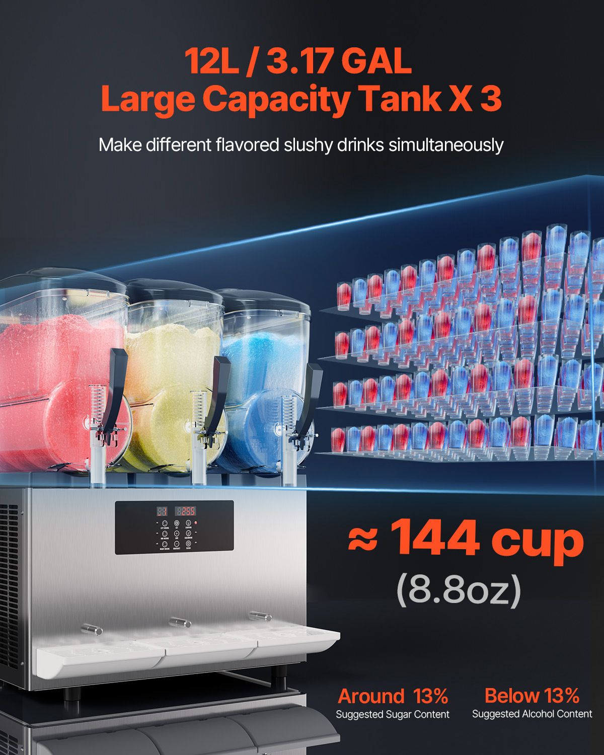 Commercial Slushy Machine, 12Lx3 Triple Tank Frozen Drink Machine, 144 Cups Stainless Steel Margarita Smoothie Frozen Drink Maker, Slushie Maker for Home Party Restaurants Cafe Bars