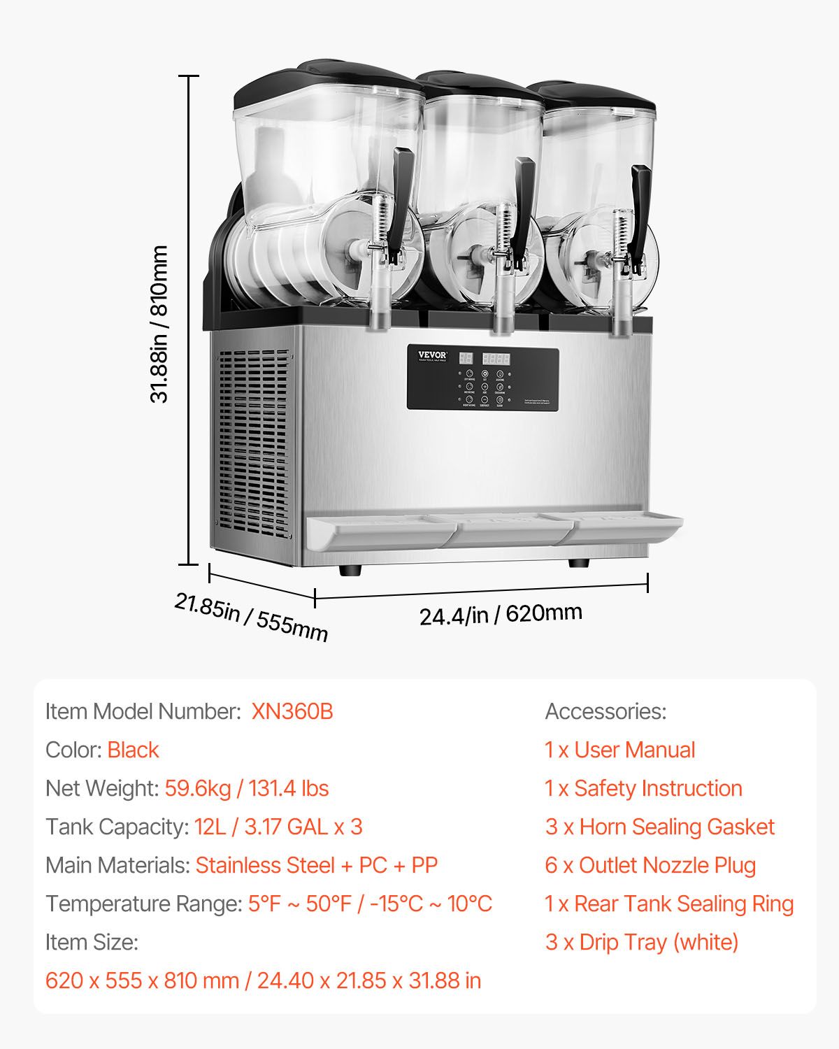 Commercial Slushy Machine, 12Lx3 Triple Tank Frozen Drink Machine, 144 Cups Stainless Steel Margarita Smoothie Frozen Drink Maker, Slushie Maker for Home Party Restaurants Cafe Bars