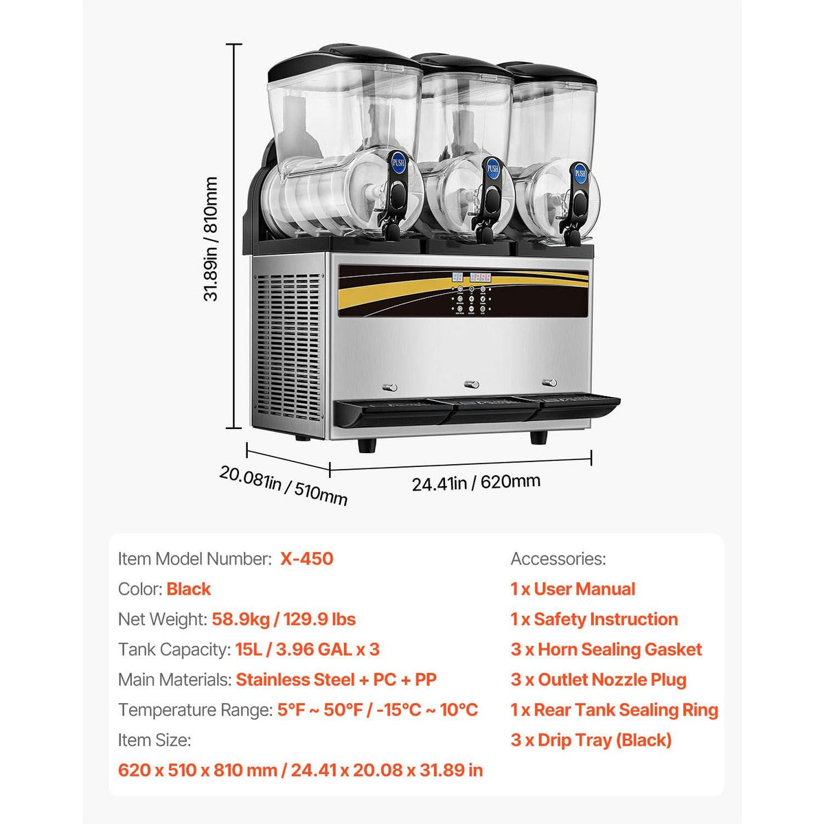 Commercial Slushy Machine, 3x15L Tank Commercial Margarita Maker, 1200W Stainless Steel Frozen Drink Machine, Temperature Adjustment 26.6 Fahrenheit to 28.4 Fahrenheit