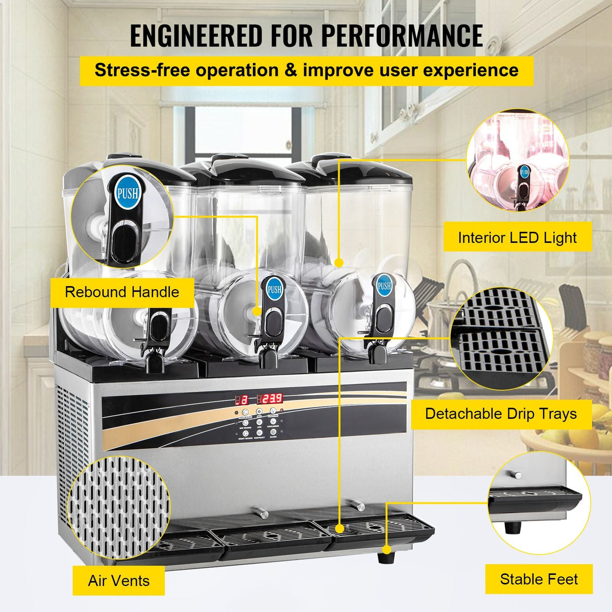 Commercial Slushy Machine, 3x15L Tank Commercial Margarita Maker, 1200W Stainless Steel Frozen Drink Machine, Temperature Adjustment 26.6 Fahrenheit to 28.4 Fahrenheit