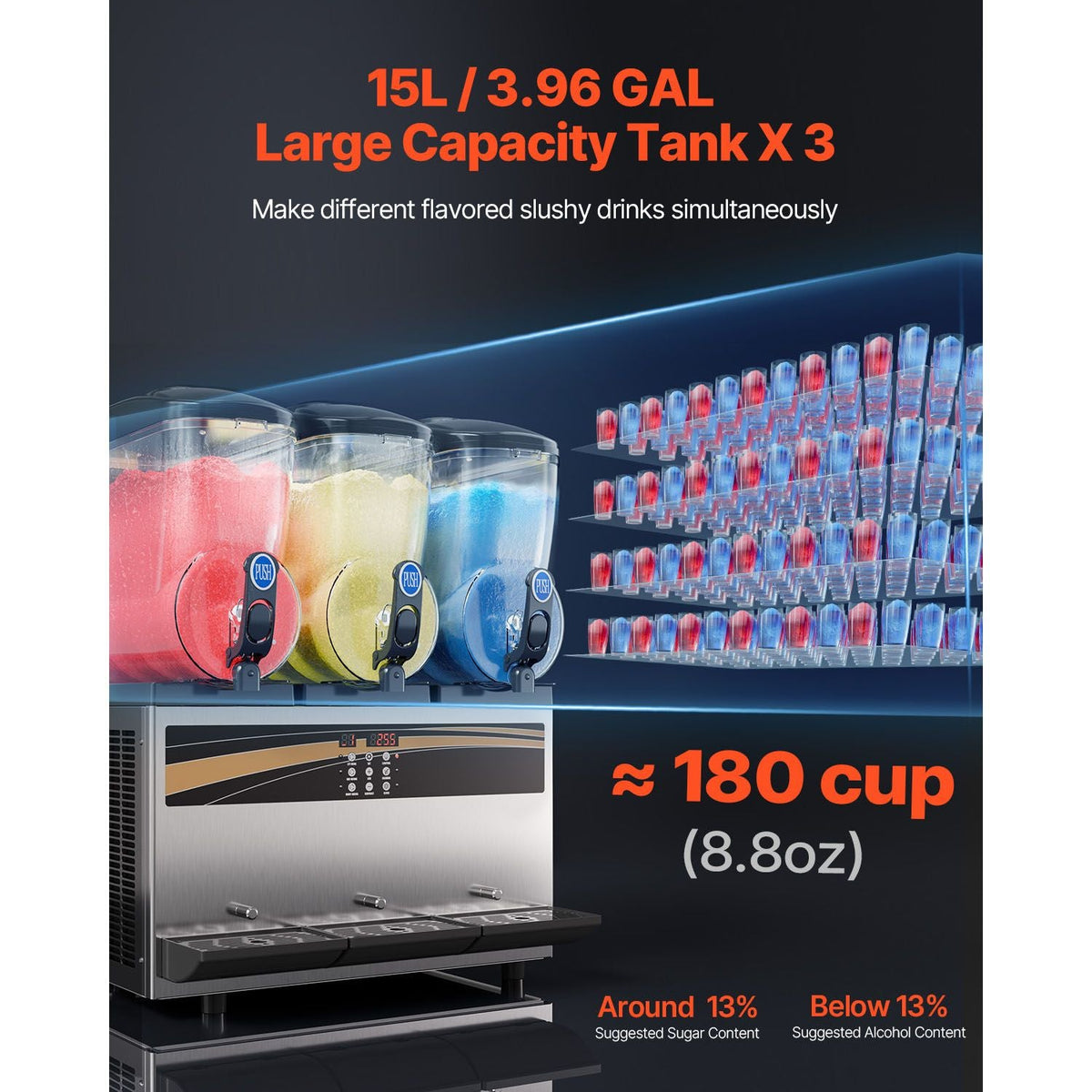 Commercial Slushy Machine, 3x15L Tank Commercial Margarita Maker, 1200W Stainless Steel Frozen Drink Machine, Temperature Adjustment 26.6 Fahrenheit to 28.4 Fahrenheit
