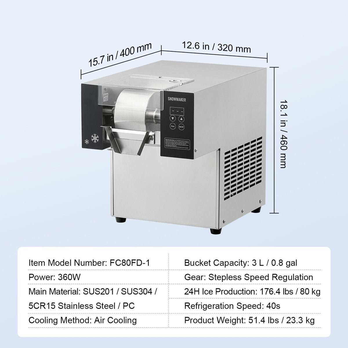 Commercial Snowflake Ice Machine, 176.4LBS/24H Snowflake Ice Maker, Stainless Steel Ice Shaver Machine, Electric Snow Cone Maker, Air Cooling System for Rapid Heat Dissipation, for Bakery, Cafe