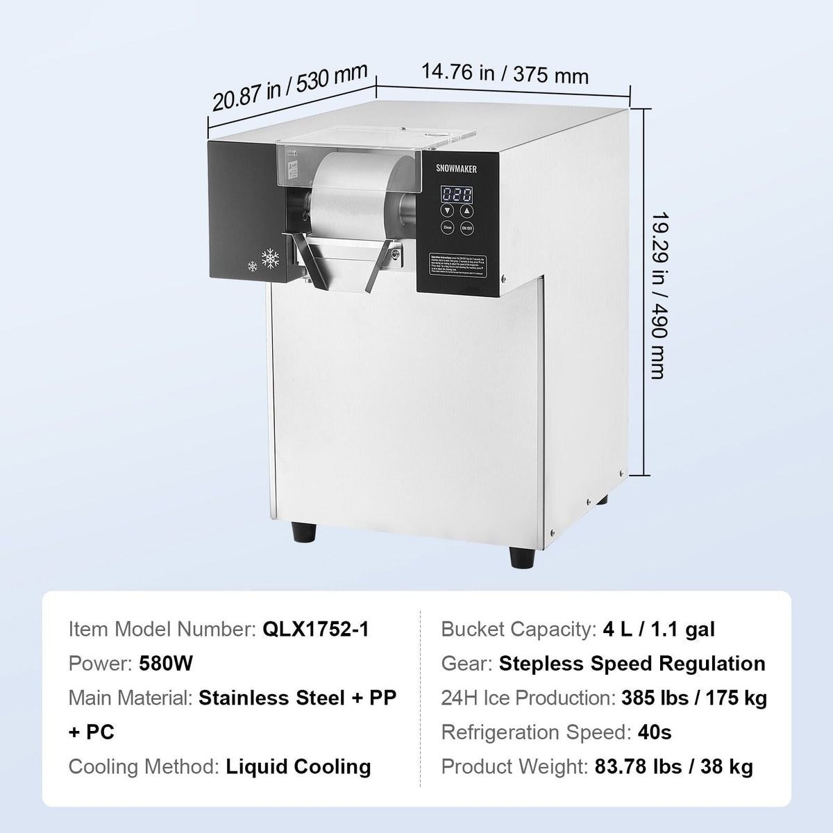 Commercial Snowflake Ice Machine, 385LBS/24H Snowflake Ice Maker, Stainless Steel Ice Shaver Machine, Electric Snow Cone Maker, Liquid Cooling System for Rapid Heat Dissipation, Ice Cream