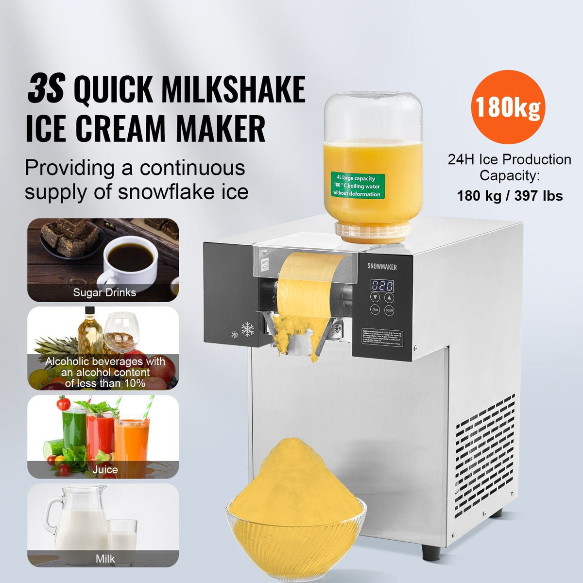 Commercial Snowflake Ice Machine, 397LBS/24H Snowflake Ice Maker, Stainless Steel Ice Shaver Machine, Electric Snow Cone Maker, Air Cooling System for Rapid Heat Dissipation, for Bakery, Cafe